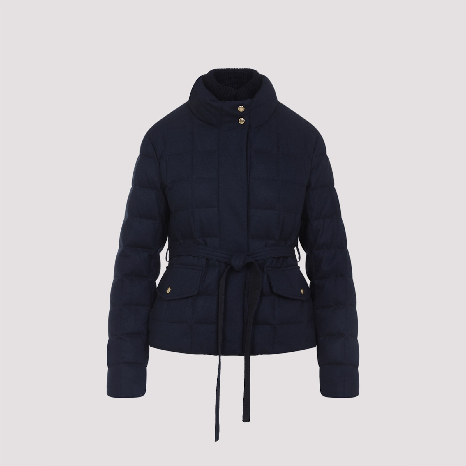 Moncler Quilted High Collar Jacket With Button Accents In Blue