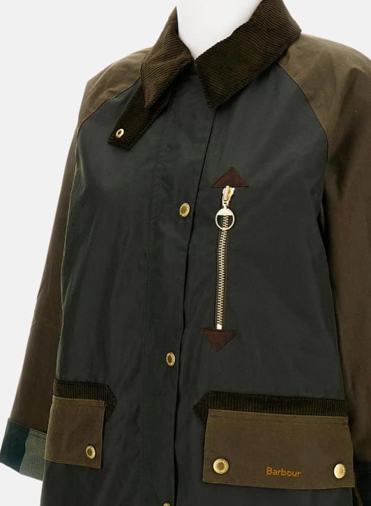 Barbour Long Length Waxed Jacket With Contrast Collar In Green