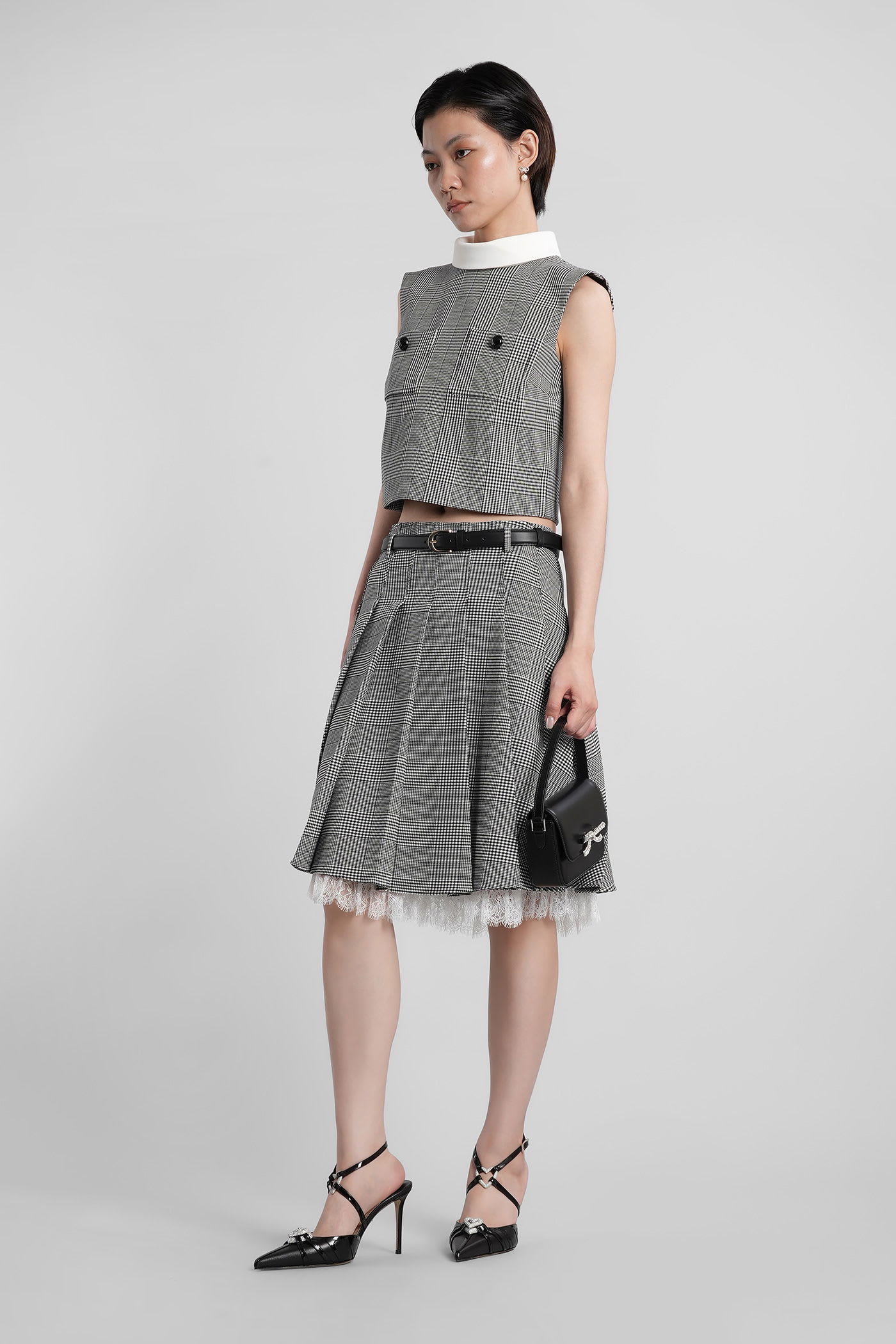 Self-portrait Prince Of Wales Pleated Midi Skirt In Gray