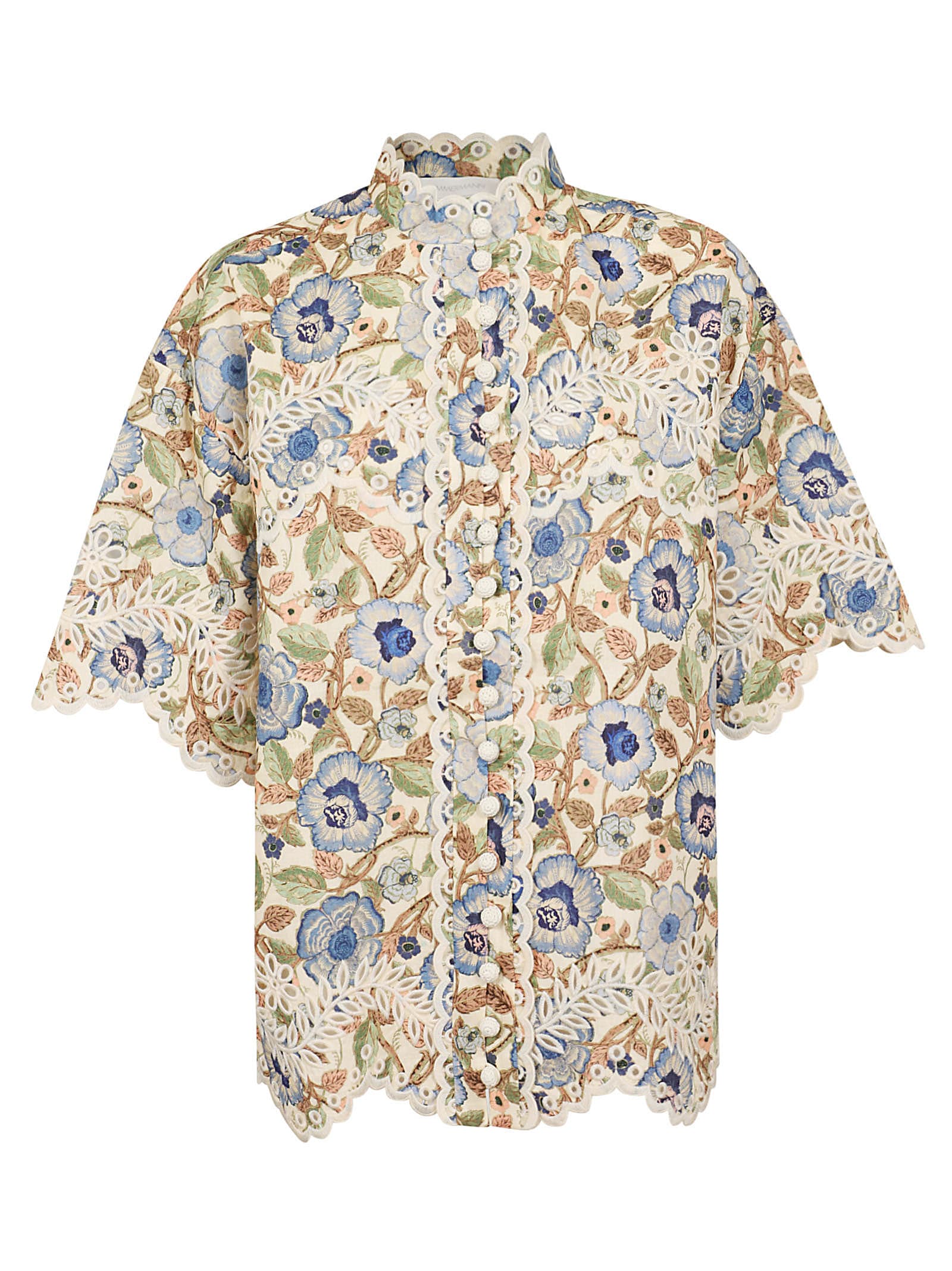 Shop Zimmermann Junie Embroidered Shirt In Ivobf Ivory Blue Floral