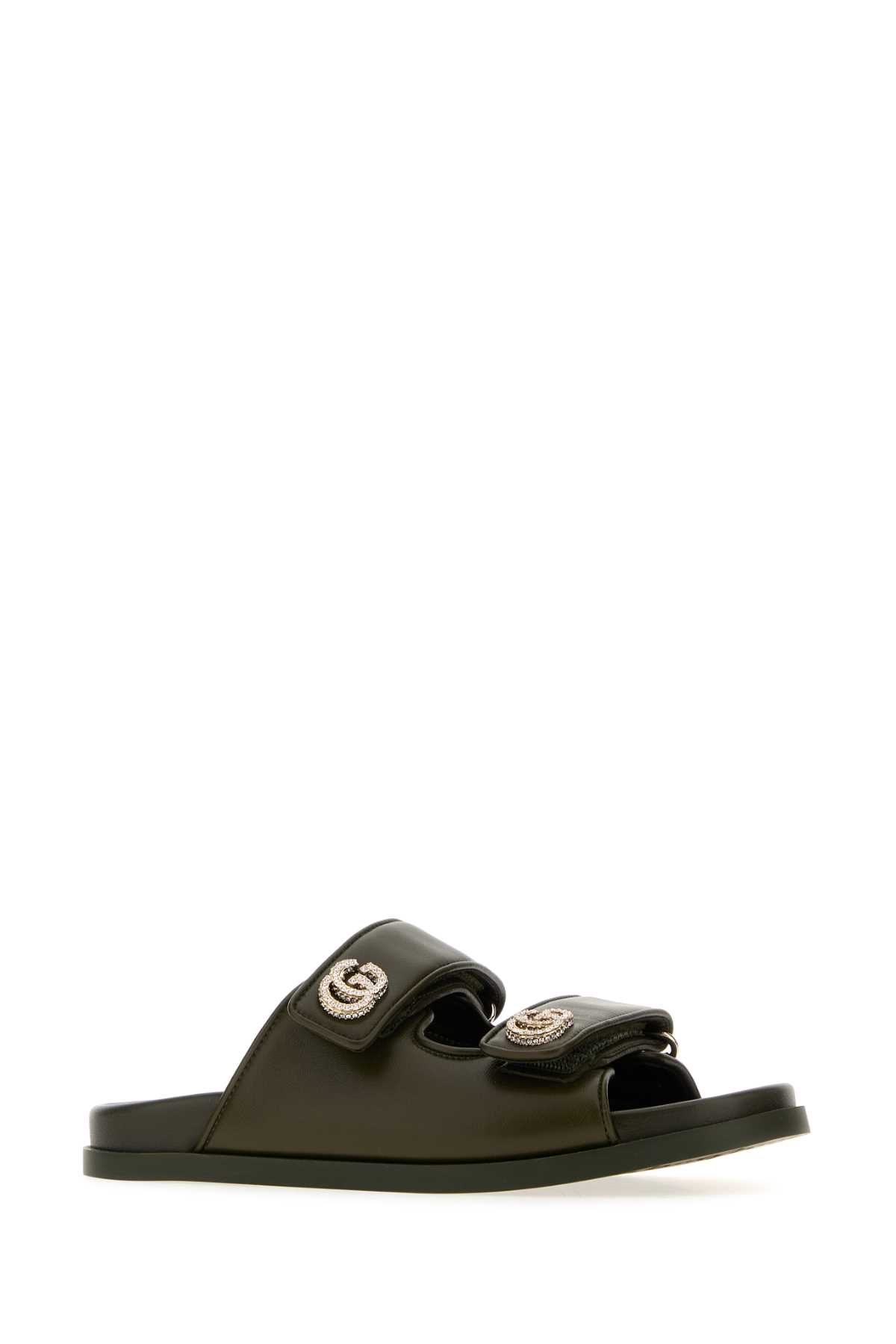 Gucci Olive Green Leather Slippers In Black