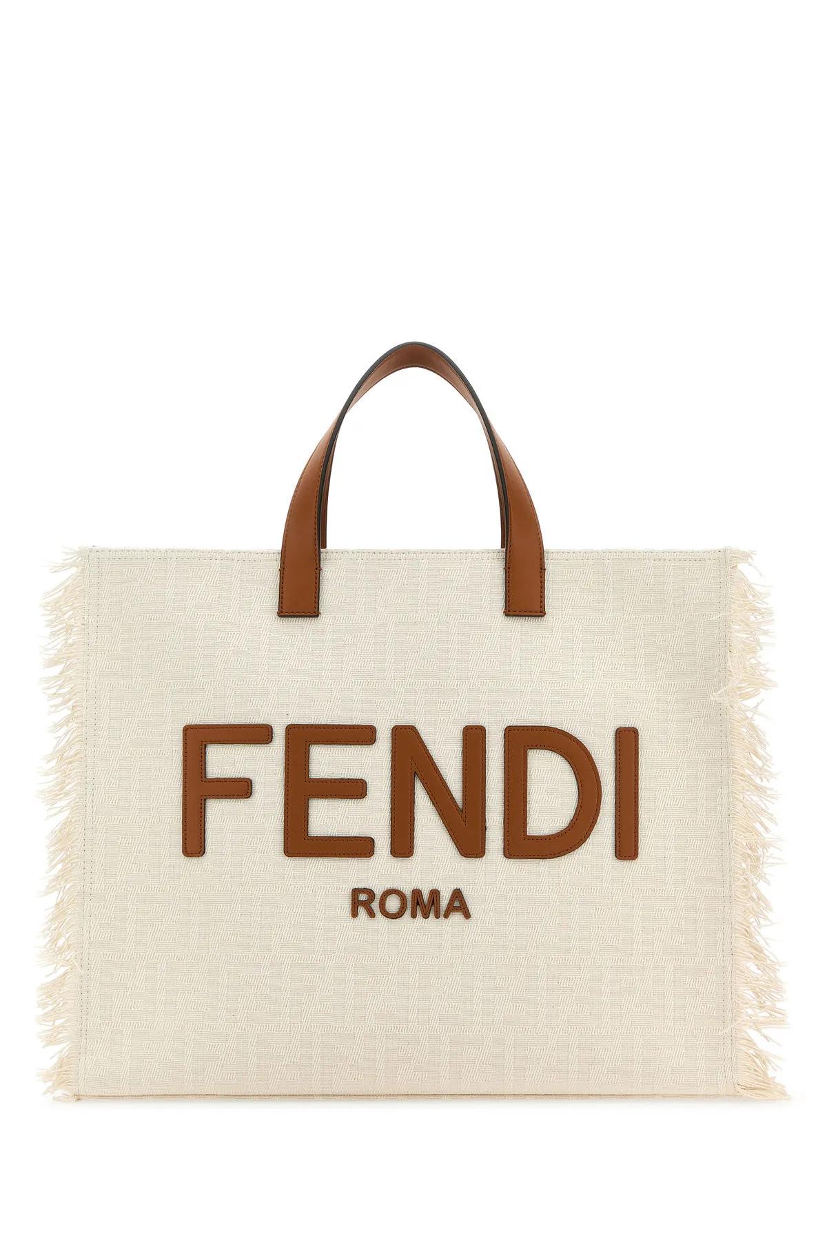 Fendi Embroidered Jacquard Shopping Bag In White