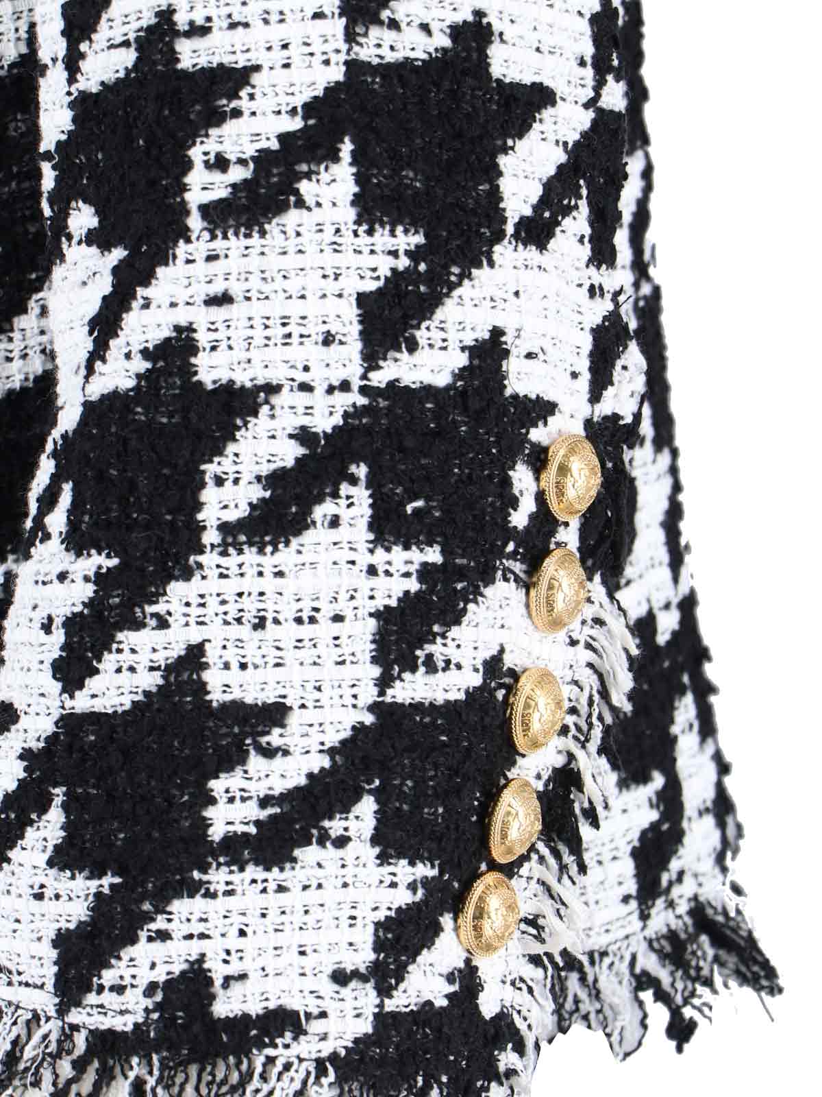 Balmain 'spencer' Black And White Jacket With All-over Check Motif And Fringed Hem In Black