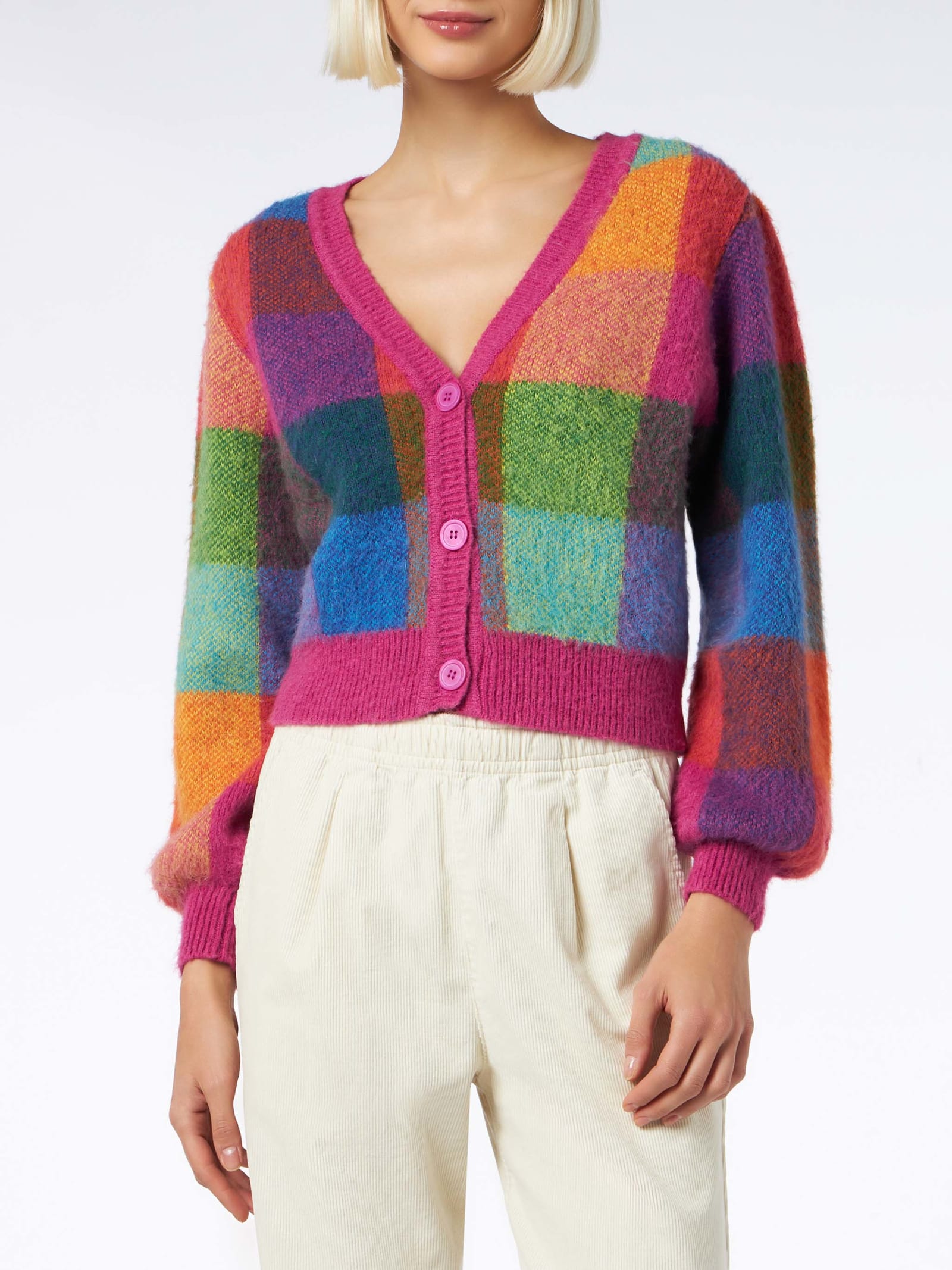 Shop Mc2 Saint Barth Woman Brushed Cropped Cardigan With Puff Sleeves In Multicolor