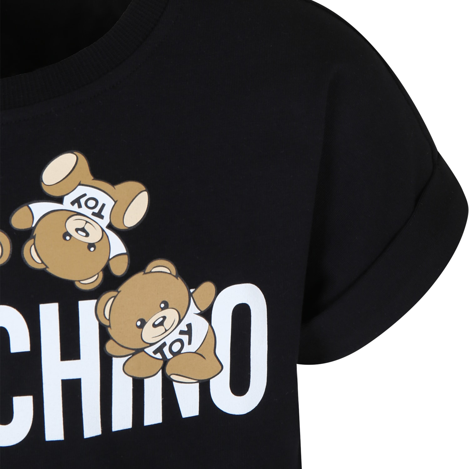 Shop Moschino Black Crop T-shirt For Girl With Teddy Bears And Logo