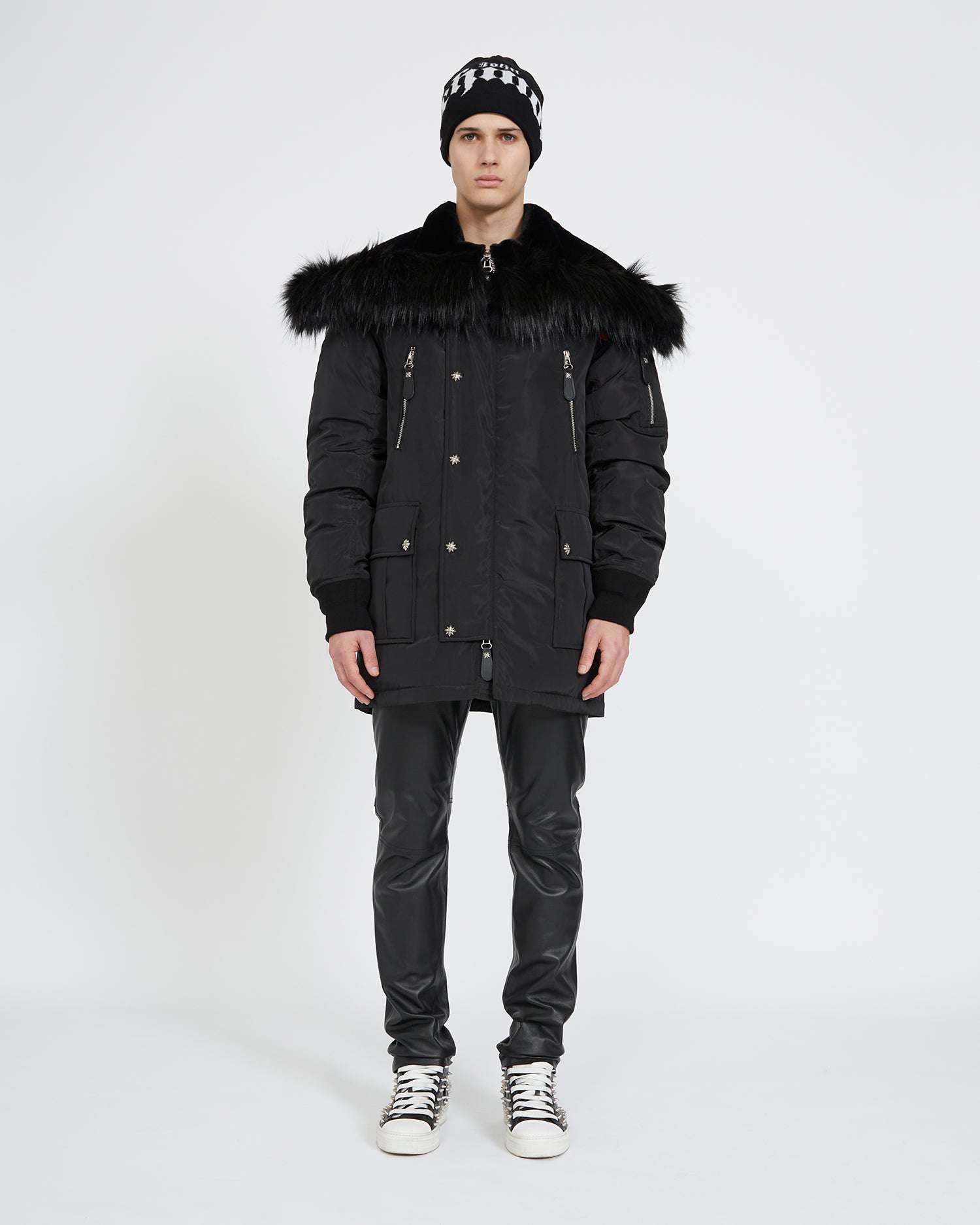 Shop John Richmond Long Jacket With Hood In Nero