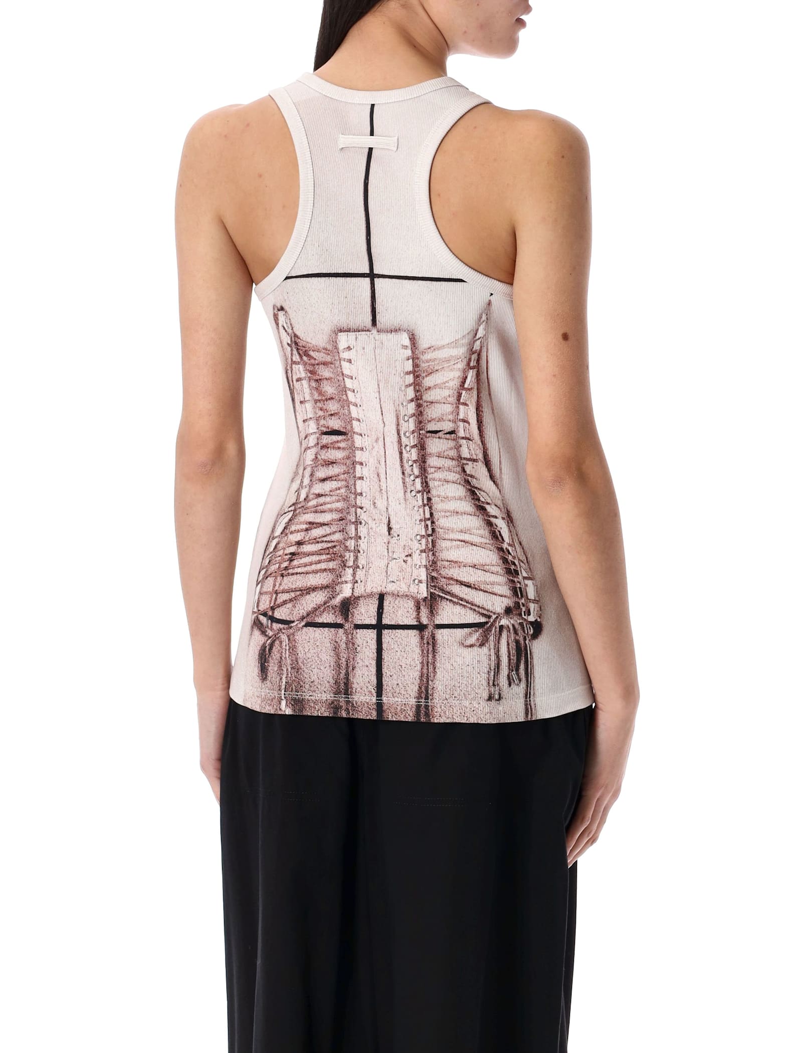 Jean Paul Gaultier Cotton Ribbed Tank Top Printed ''trompe L'ceil Corset'' In Dusty Pink