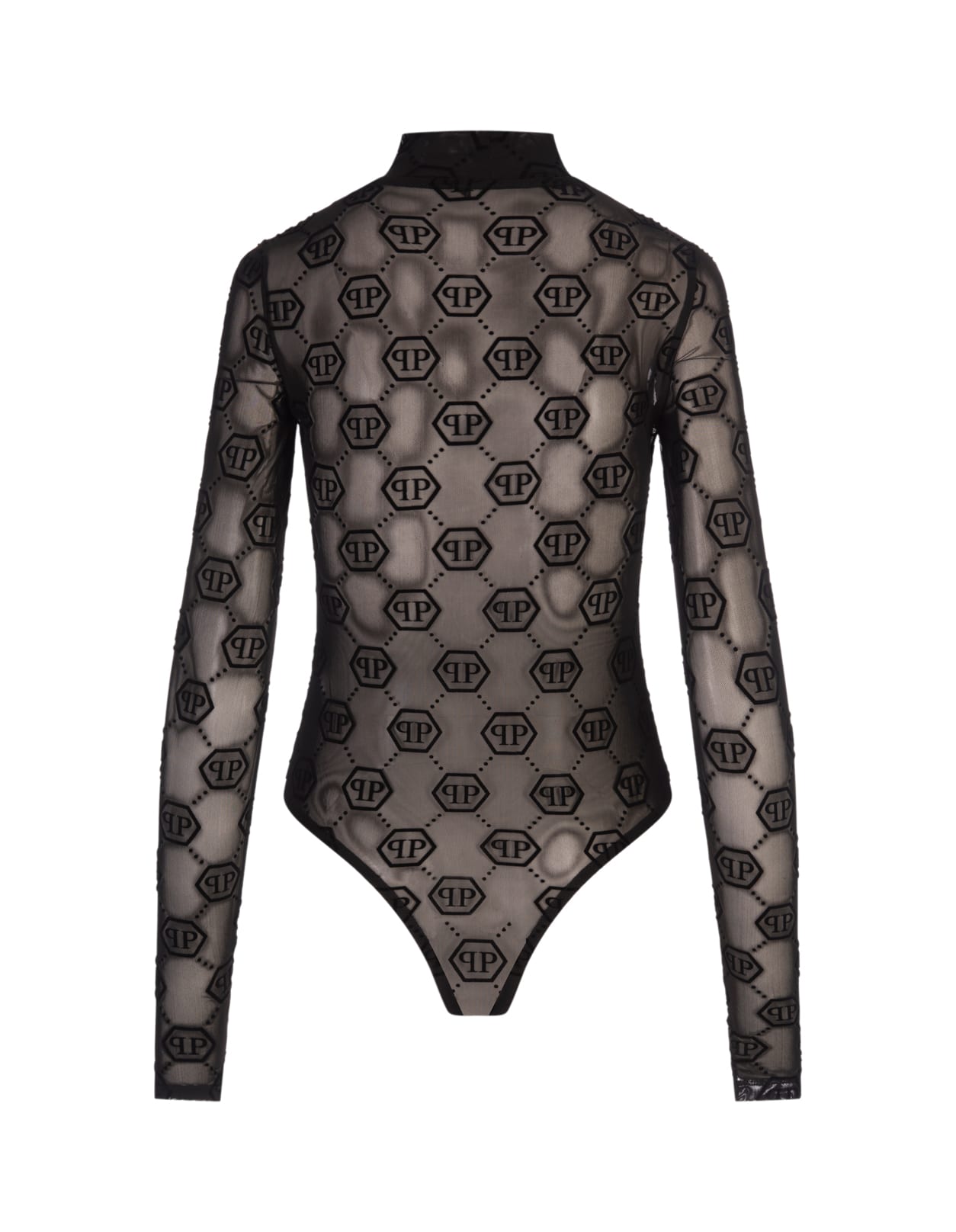 Shop Philipp Plein Black Monogram Tulle Bodysuit Top