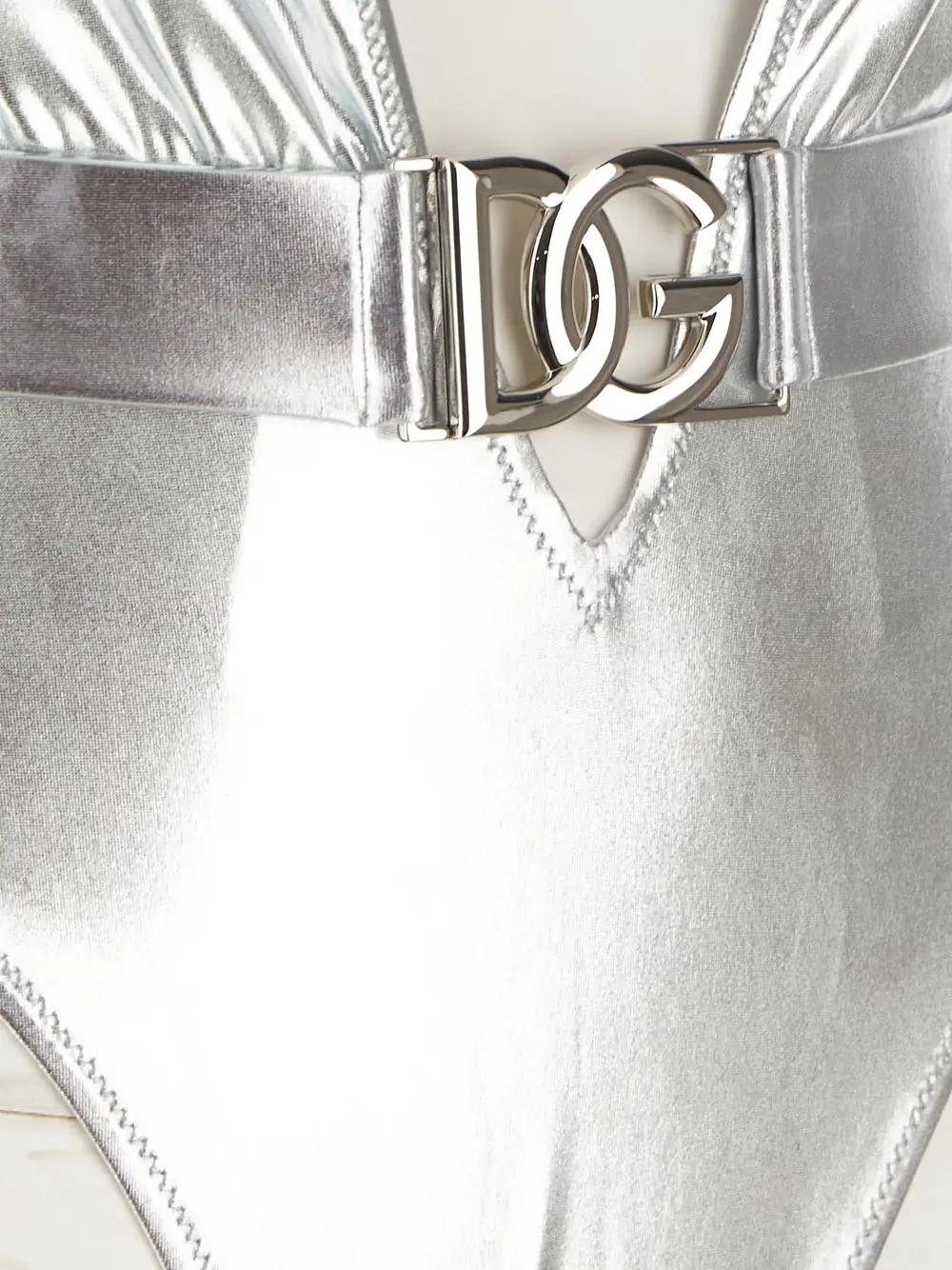 Shop Dolce & Gabbana Metallic Logo Swimsuit In Silver