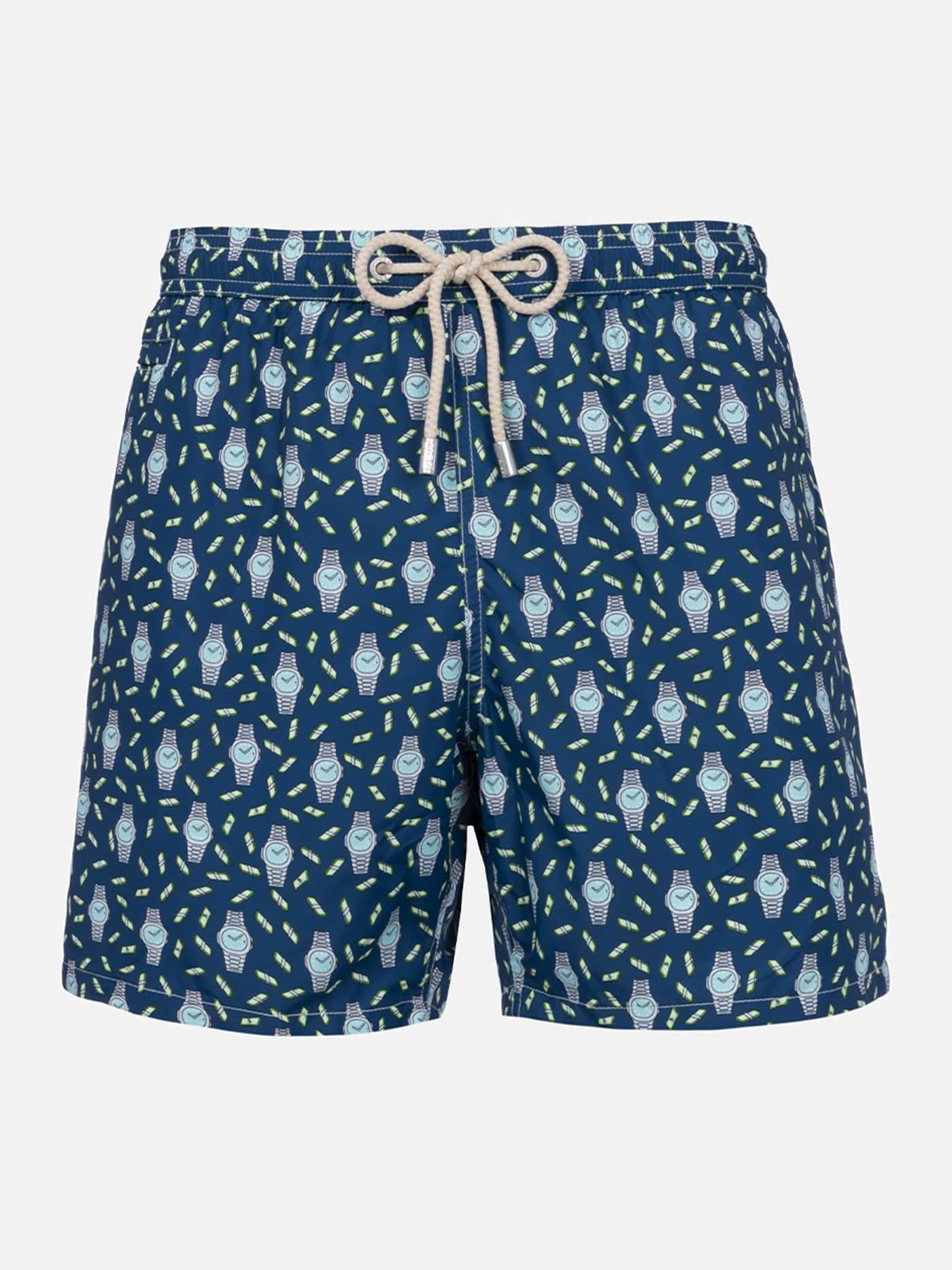 Shop Mc2 Saint Barth Man Lightweight Fabric Swim-shorts Lighting Micro Fantasy With Watches Print In Blue Navy