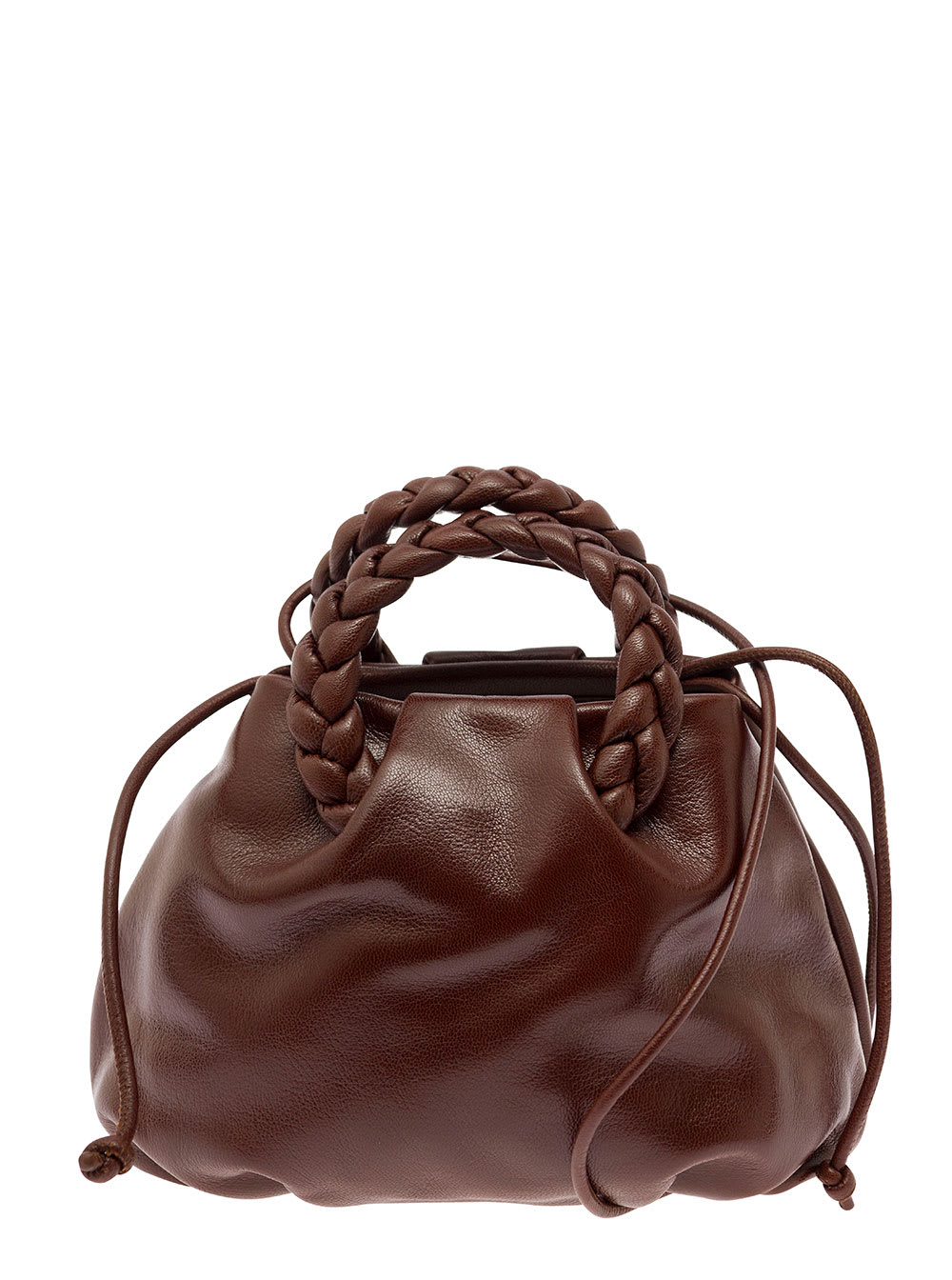 Shop Hereu Bombon M Brown Handbag With Braided Handles In Shiny Leather Woman
