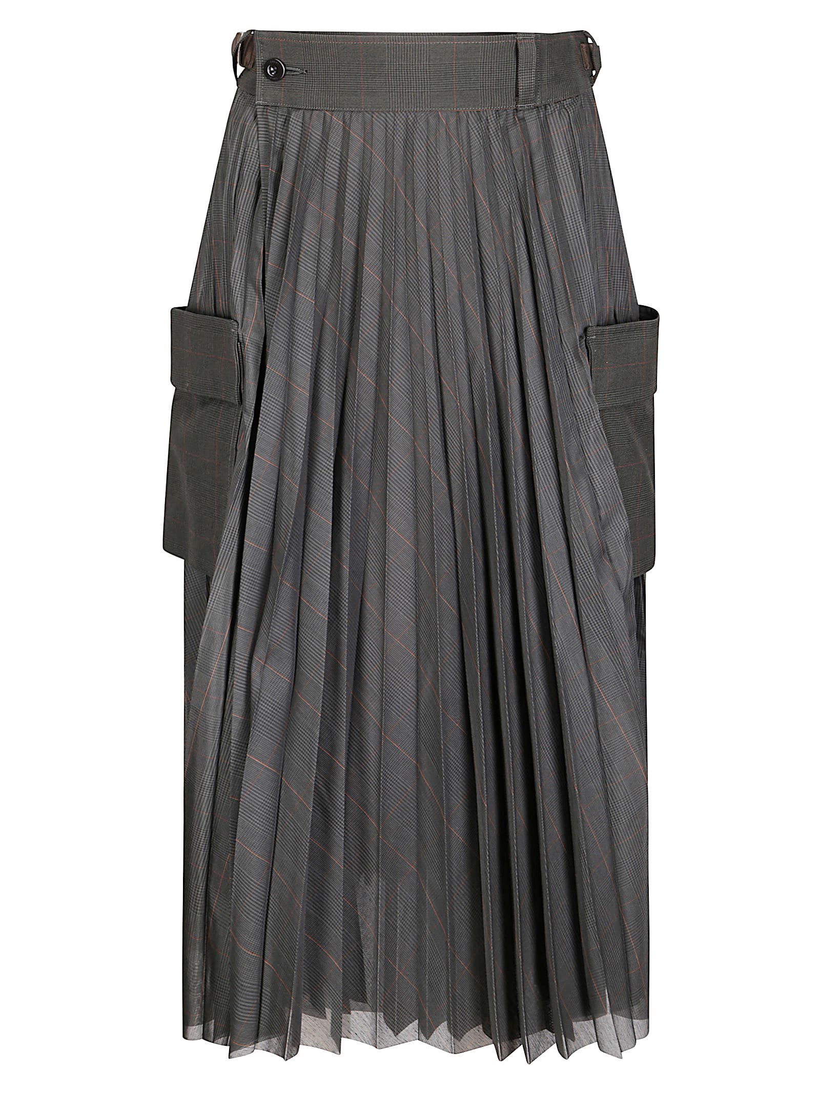 Sacai Glen Pleated Check Pocket Midi Skirt In Brown