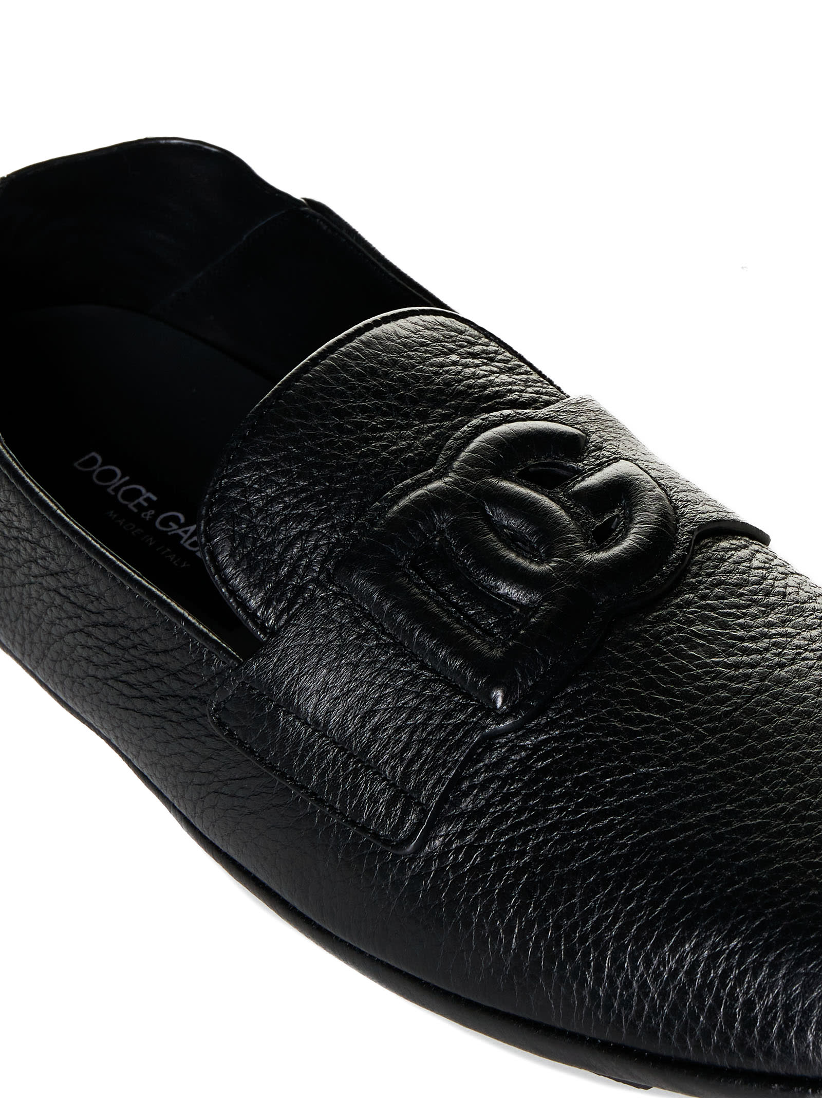 Dolce & Gabbana Leather Loafers With Round Toe And Textured Finish In Nero