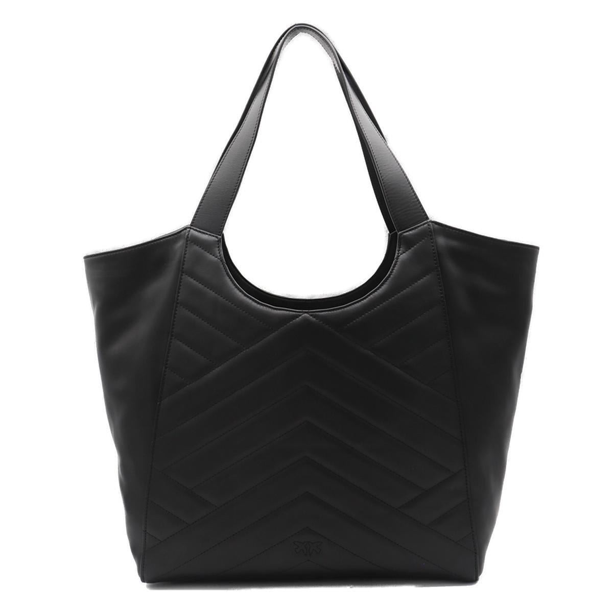 PINKO LOGO PLAQUE CHEVRON QUILTED TOTE BAG 