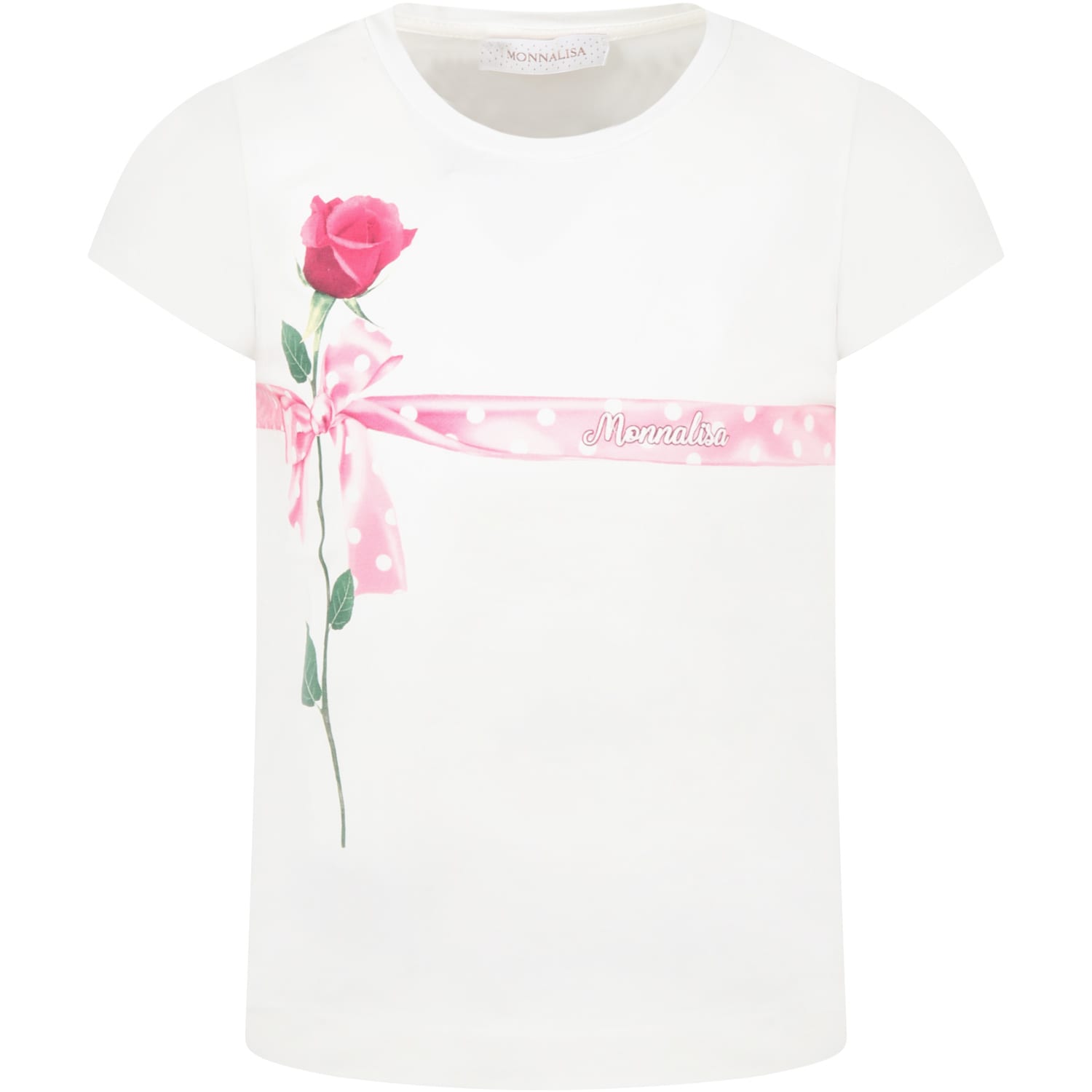 Monnalisa White T-shirt For Girl With Rose