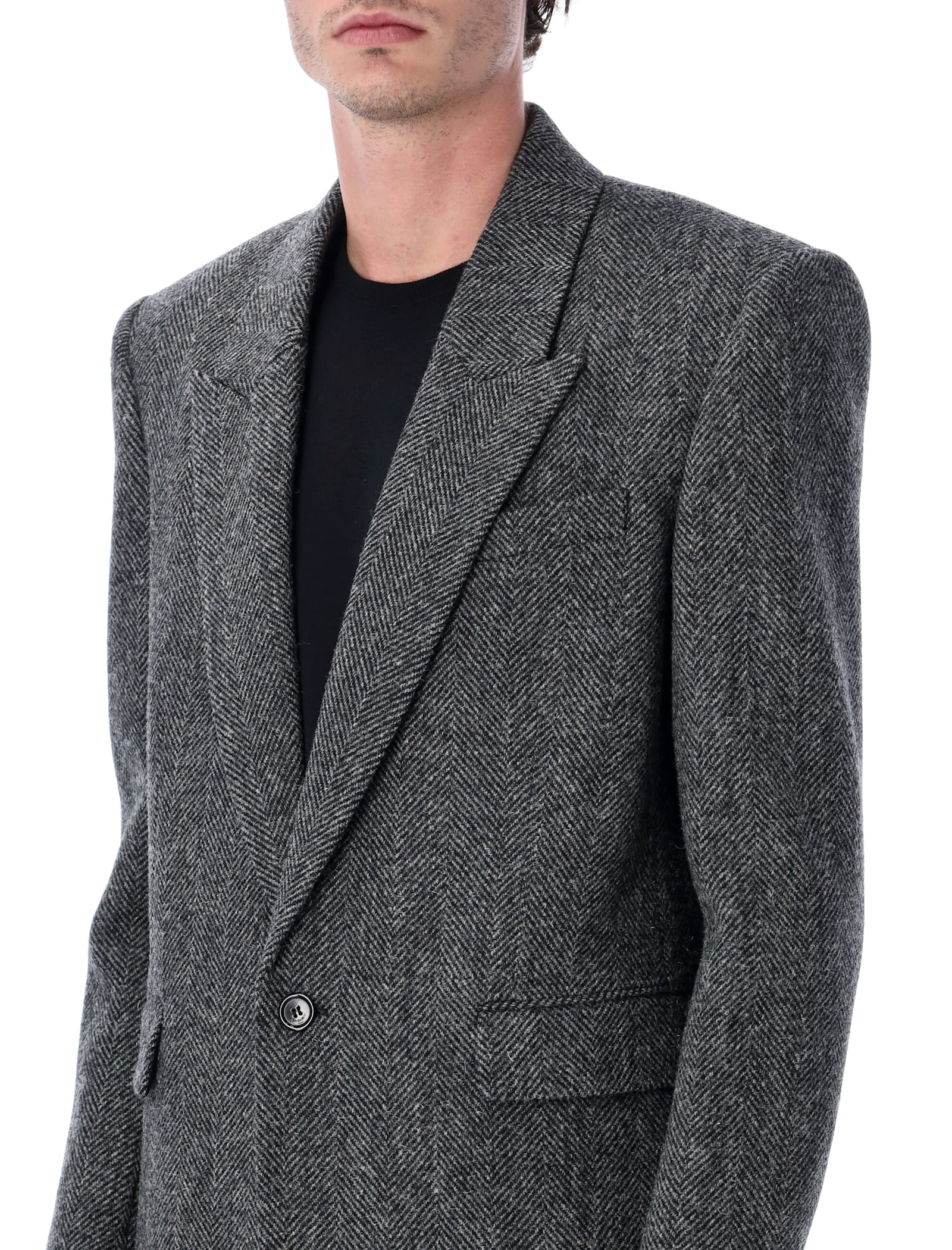 Saint Laurent Oversized Single-breasted Herringbone Wool Jacket In Black