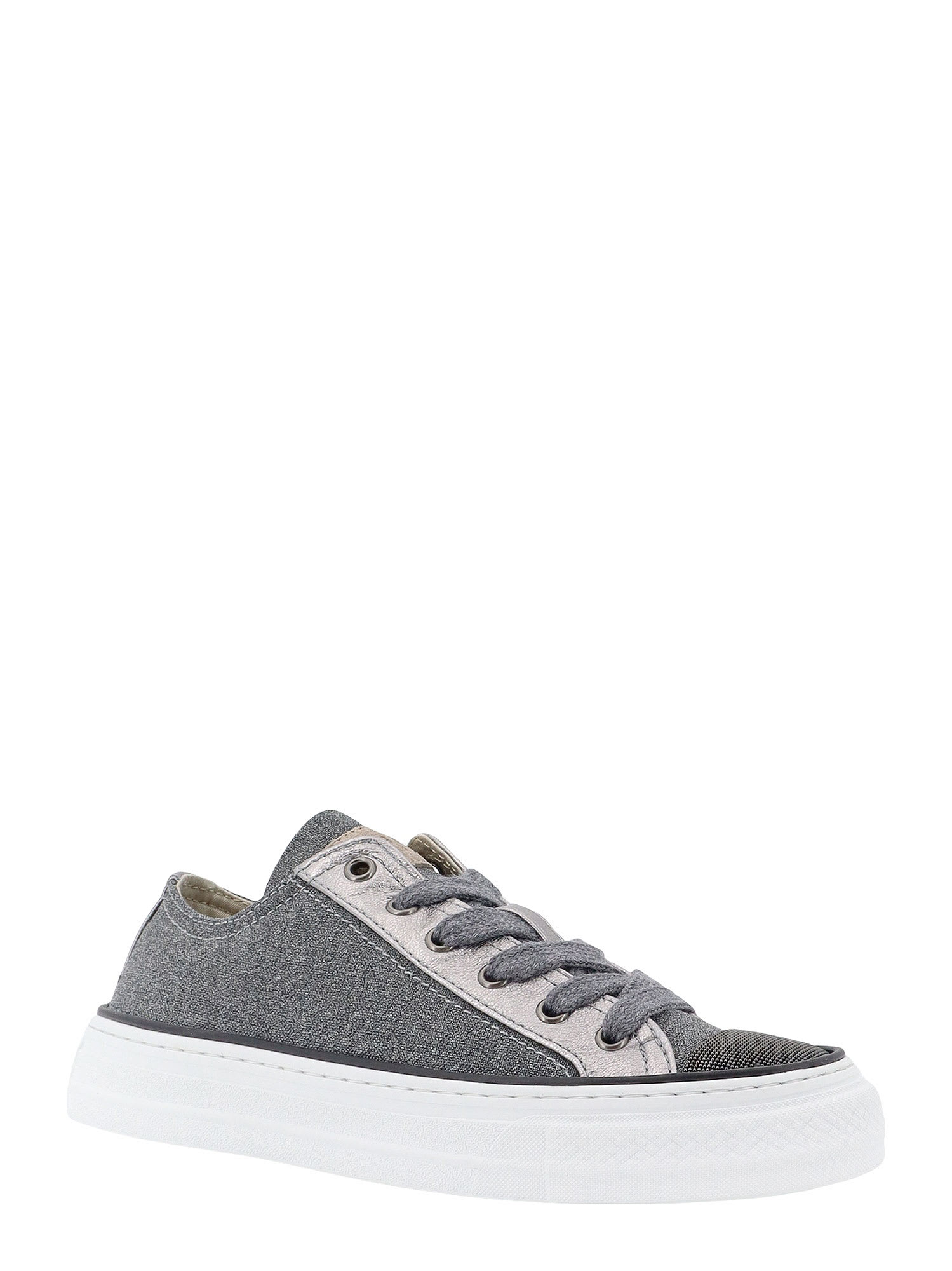 Brunello Cucinelli Virgin Wool And Metallic Leather Sneakers In Grey