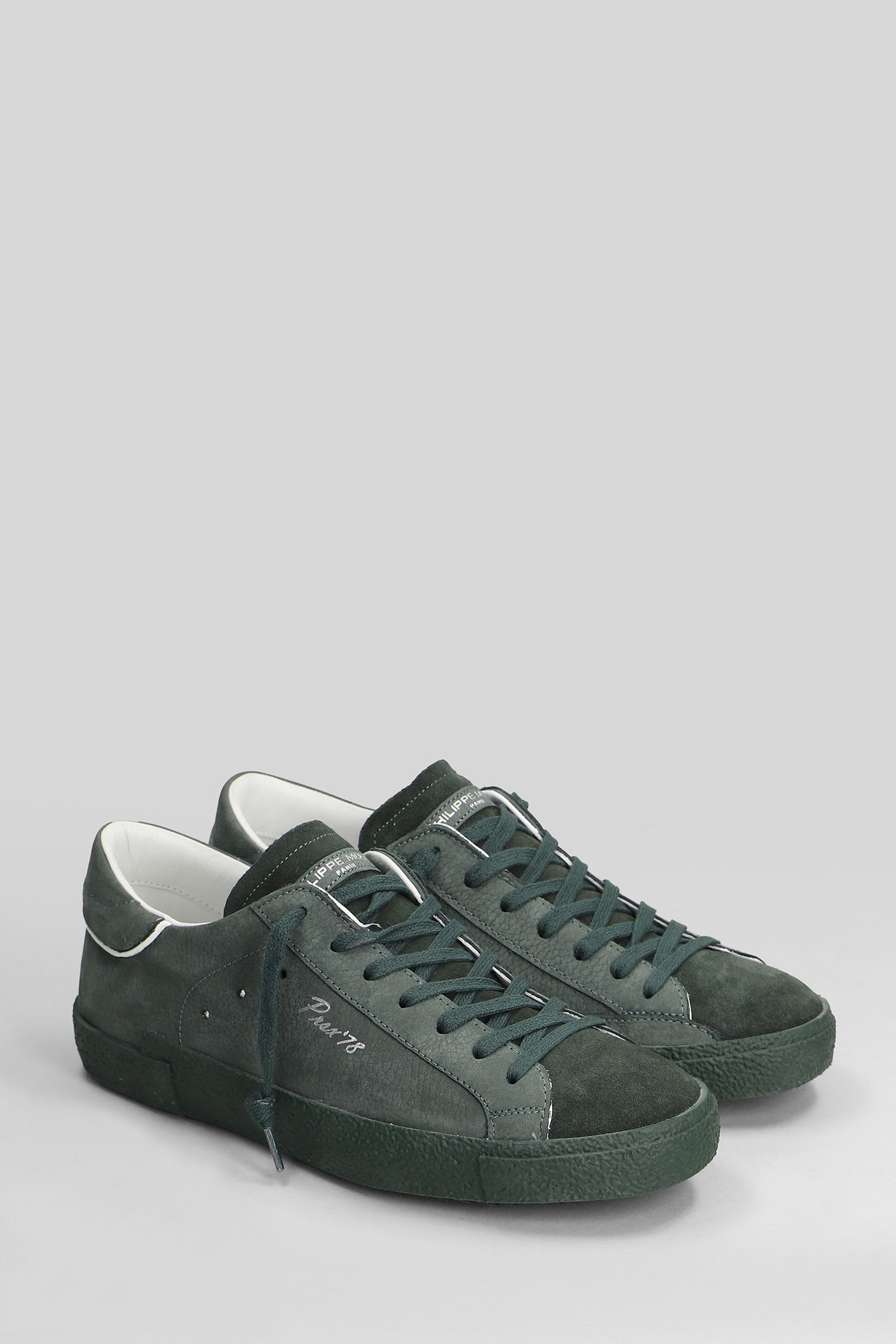 Philippe Model Prsx Low Sneakers In Green Suede And Leather In Green