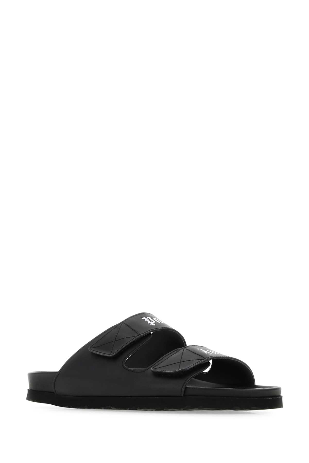 Palm Angels Black Leather Slippers In Black&white