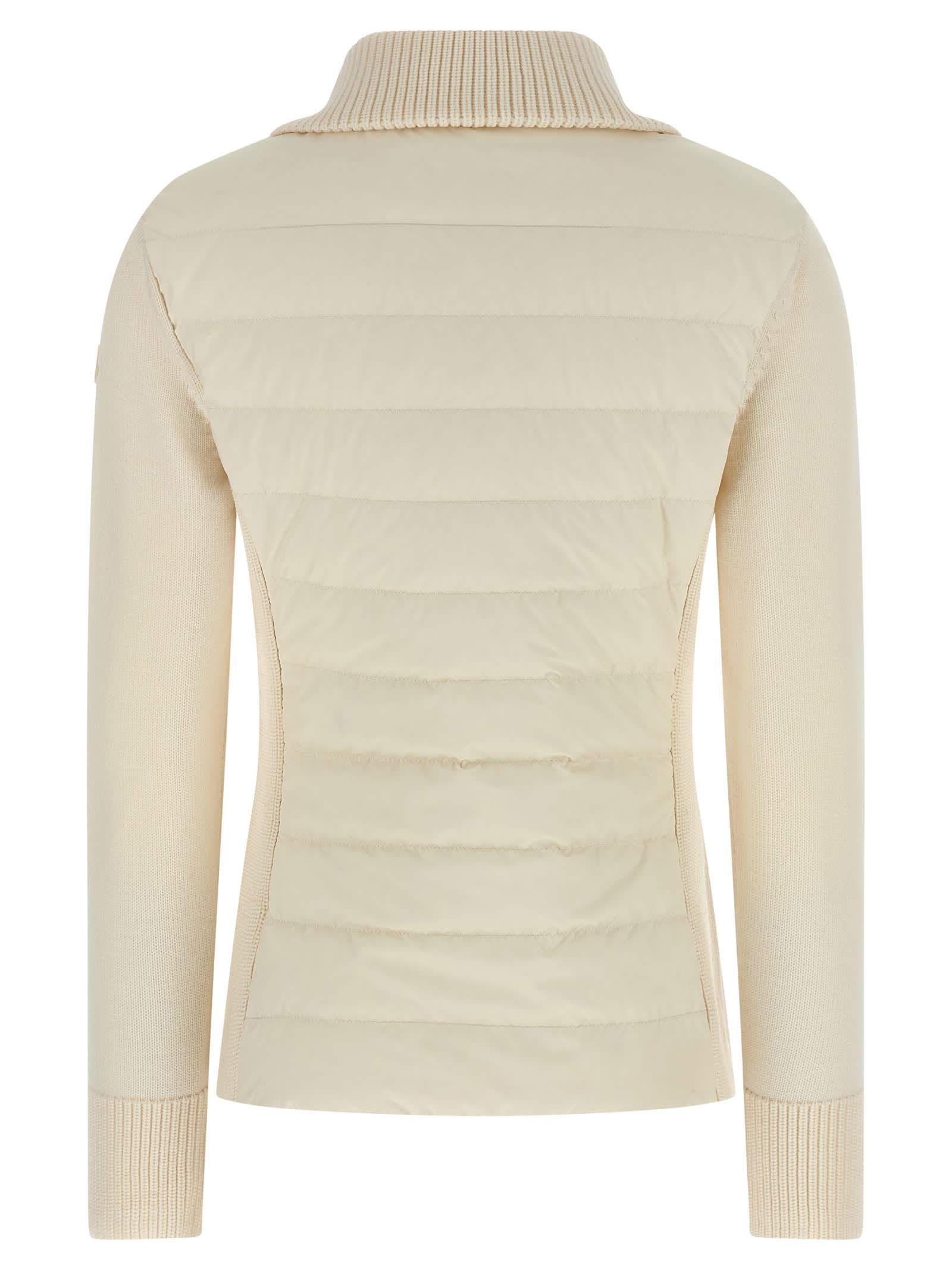 Moncler Two-material Cardigan With Goose Down Padding And High Neck In Neutral