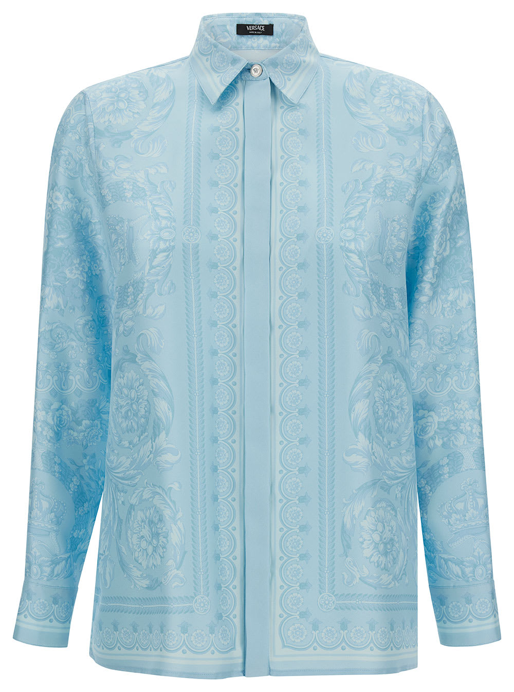 Shop Versace Light Blue Shirt With Tonal Barocco Print In Silk Woman
