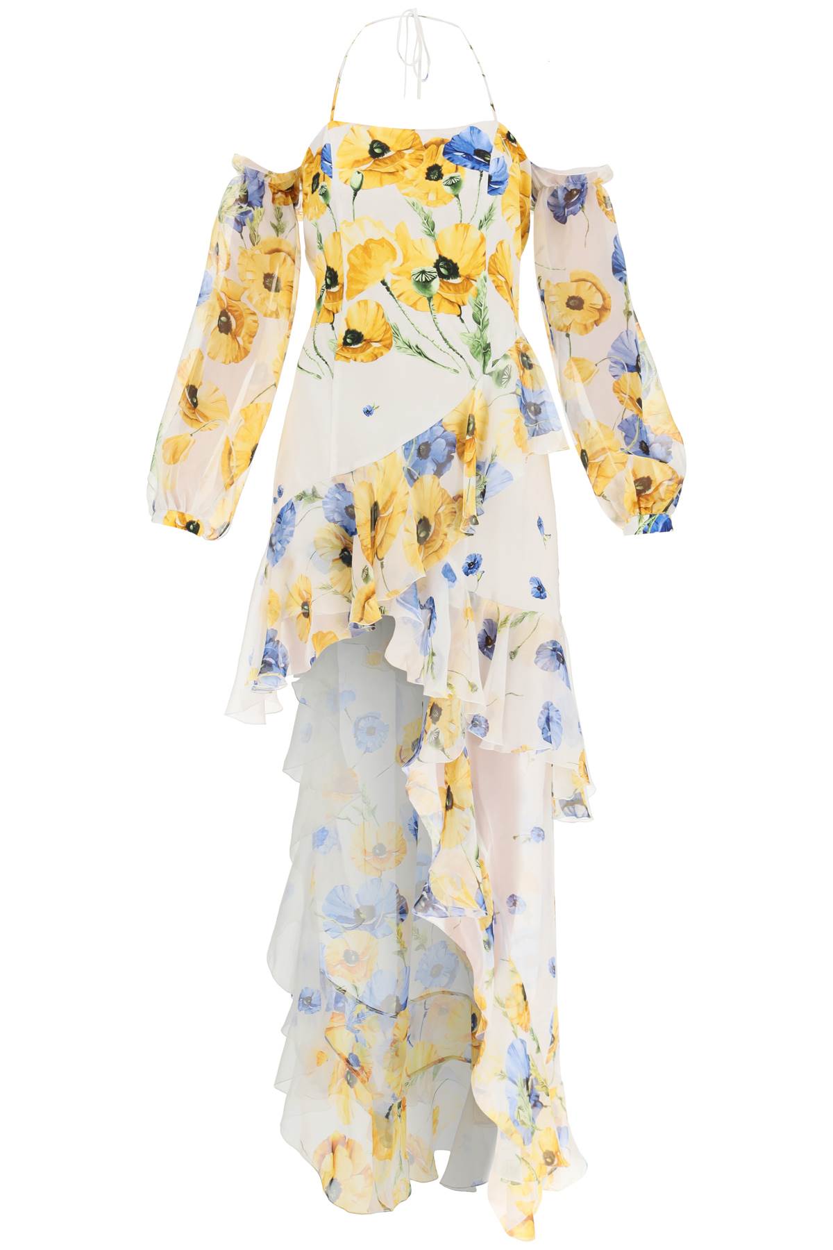 Shop Raquel Diniz Luna Asymmetric Silk Dress In Yellow Blue Blossom (white)