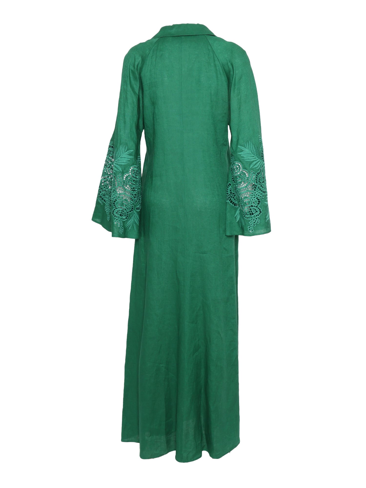 Max Mara Embroidered Flax Linen Midi Dress With Flair In Green