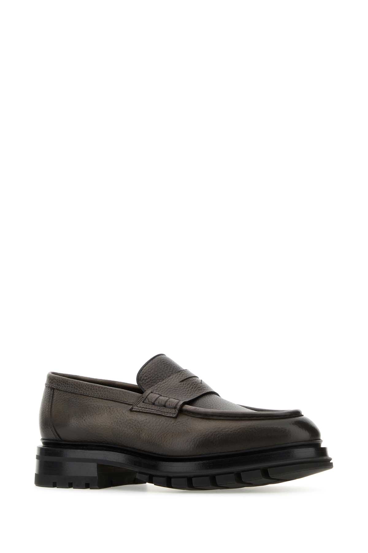Santoni Dark Grey Leather Loafers In G27