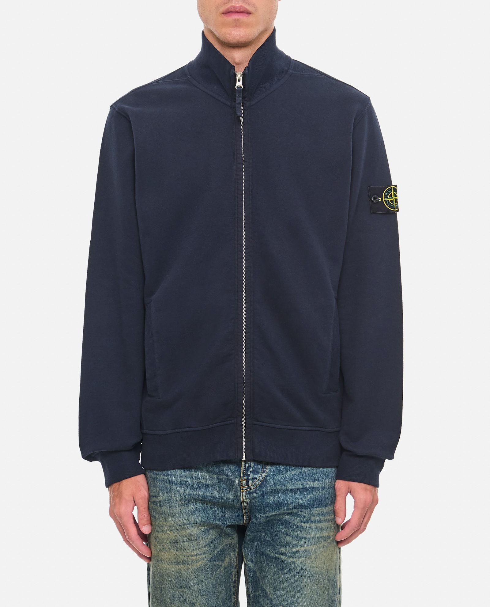 Shop Stone Island Full Zip Sweatshirt In Navy Blue