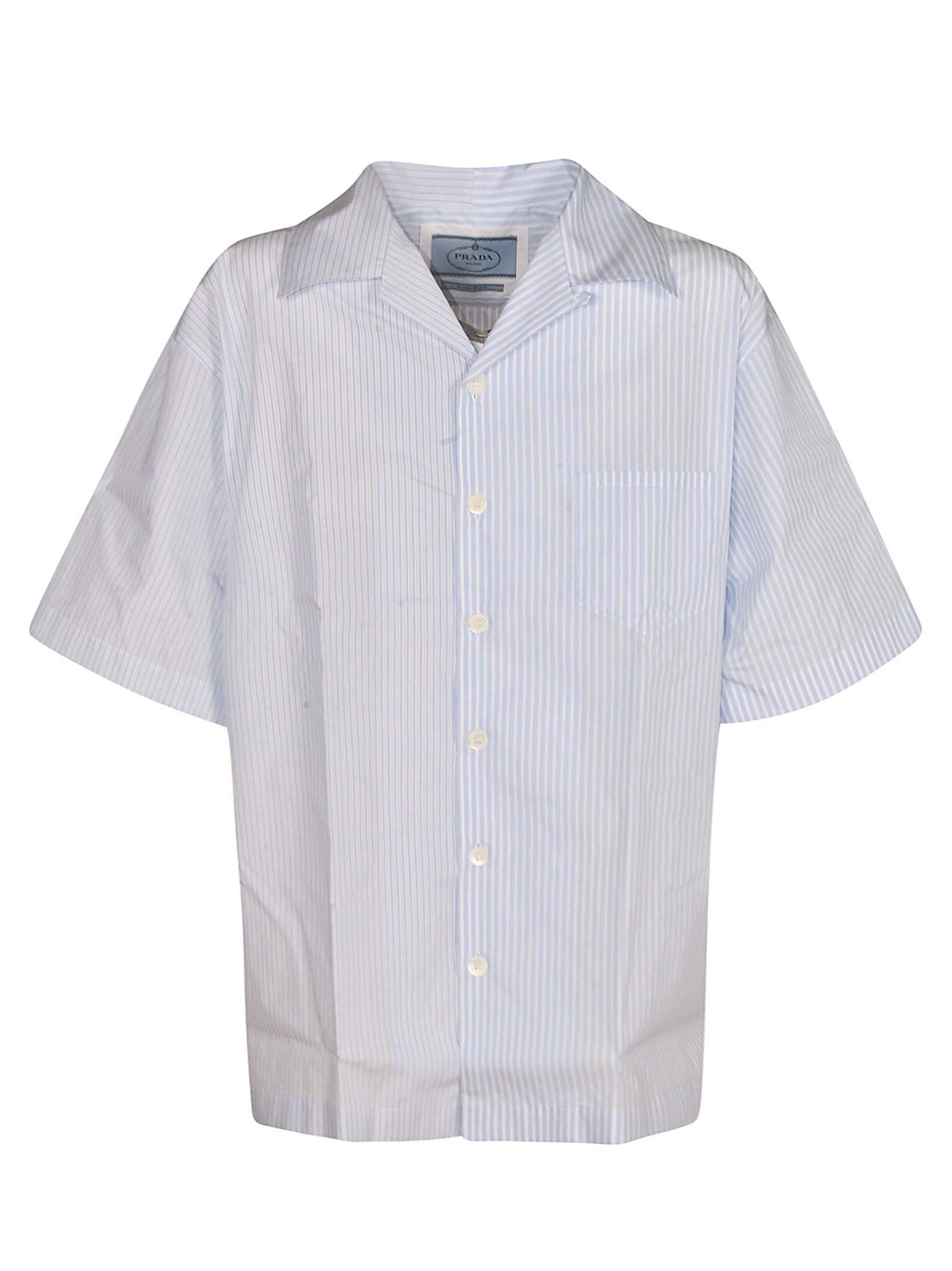 Shop Prada Striped Short-sleeved Button Up Shirt In White