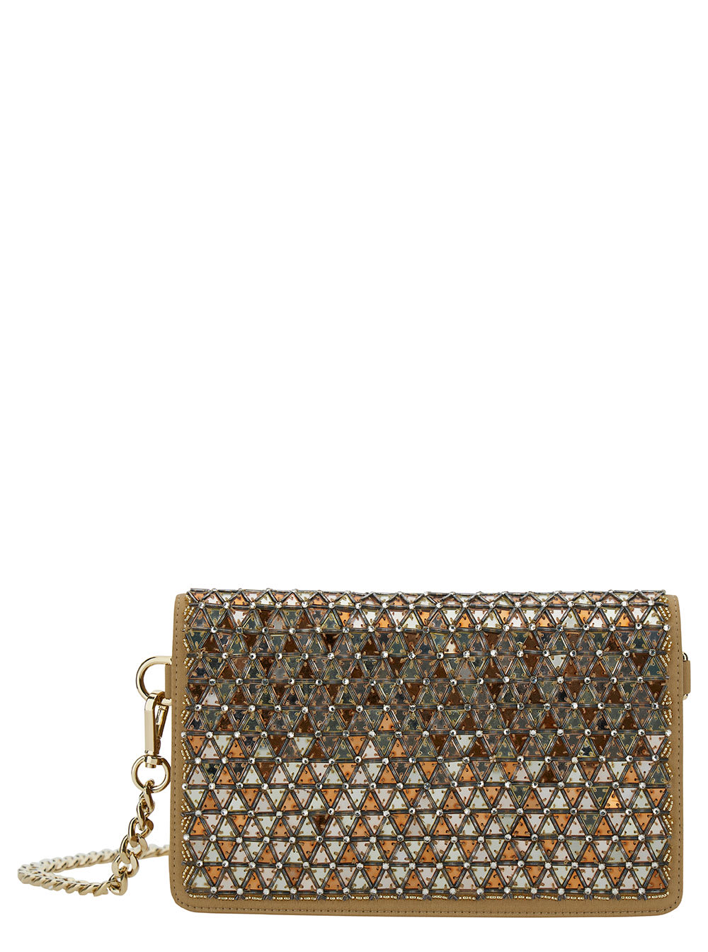 Brown Pochette With Mosaic Embroidery In Satin Woman