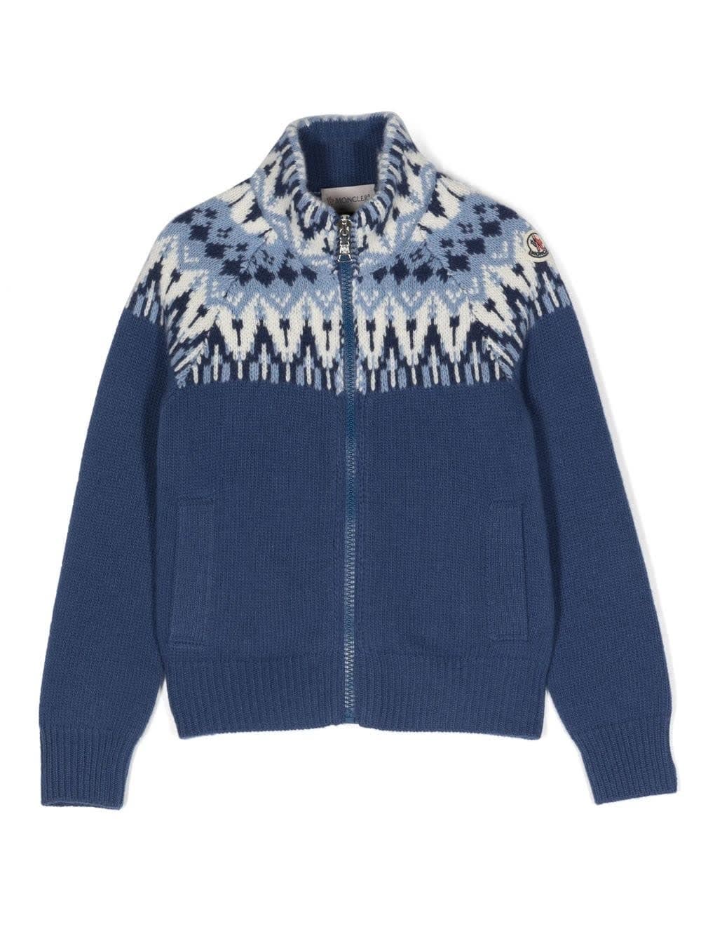 Moncler Kids' Blue Zipped Cardigan With Nordic Pattern