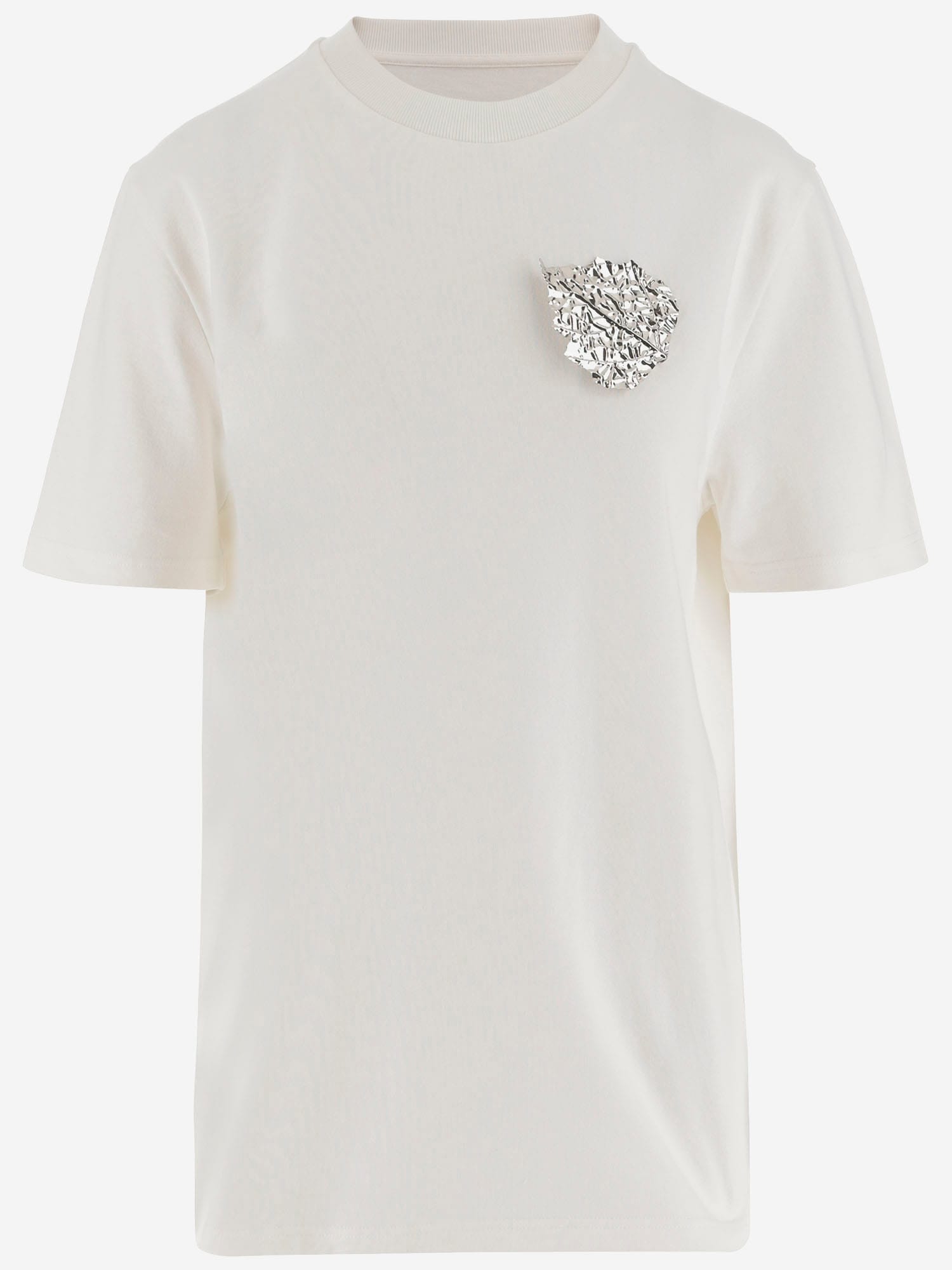 JIL SANDER COTTON T-SHIRT WITH LEAF BROOCH 