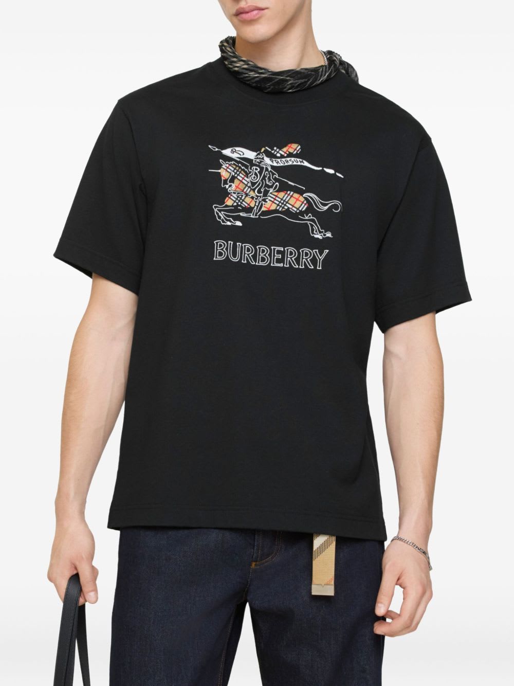 Burberry Equestrian Knight Cotton T-shirt In Black