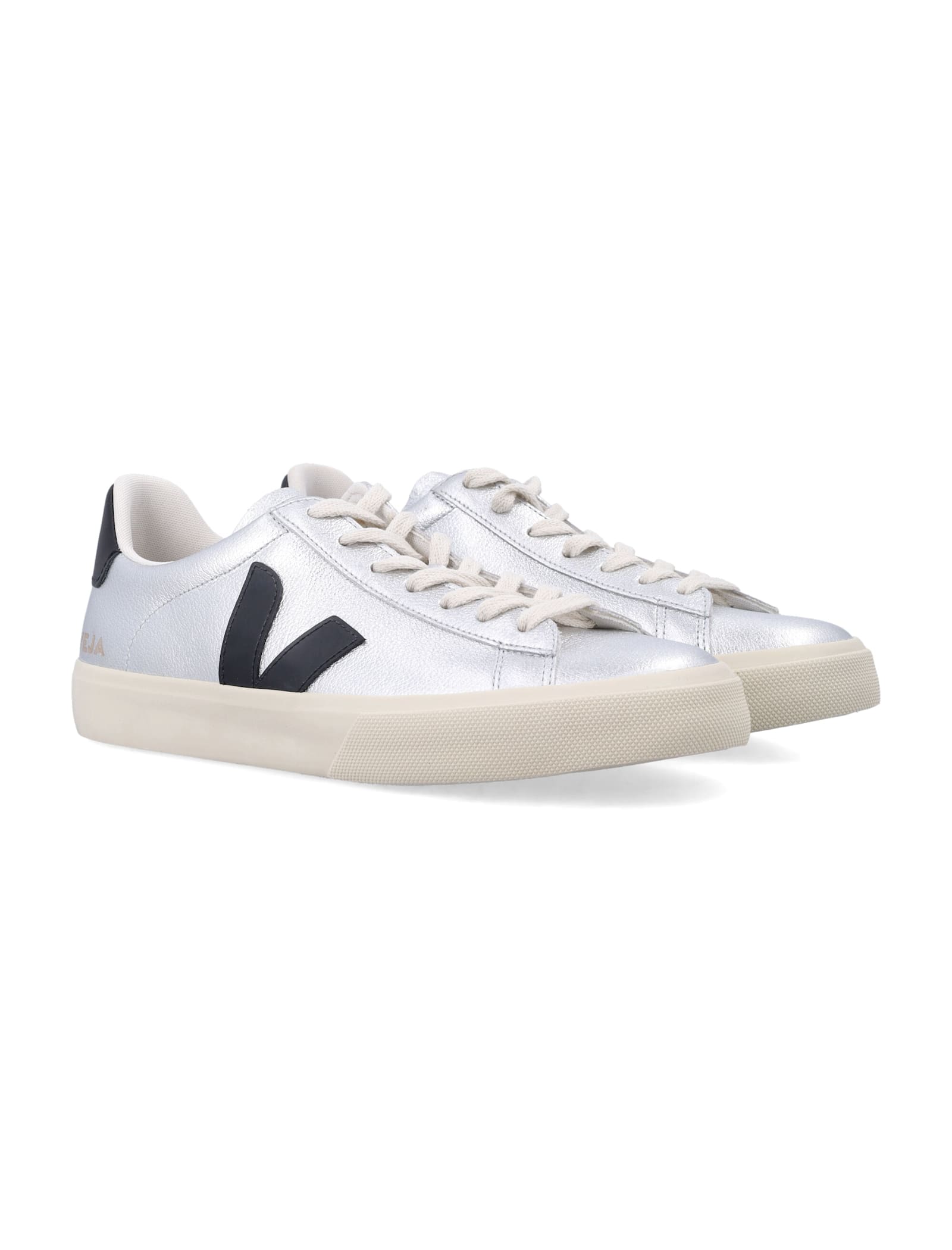 Veja Campo Silver And Black Leather Sneakers In Silver