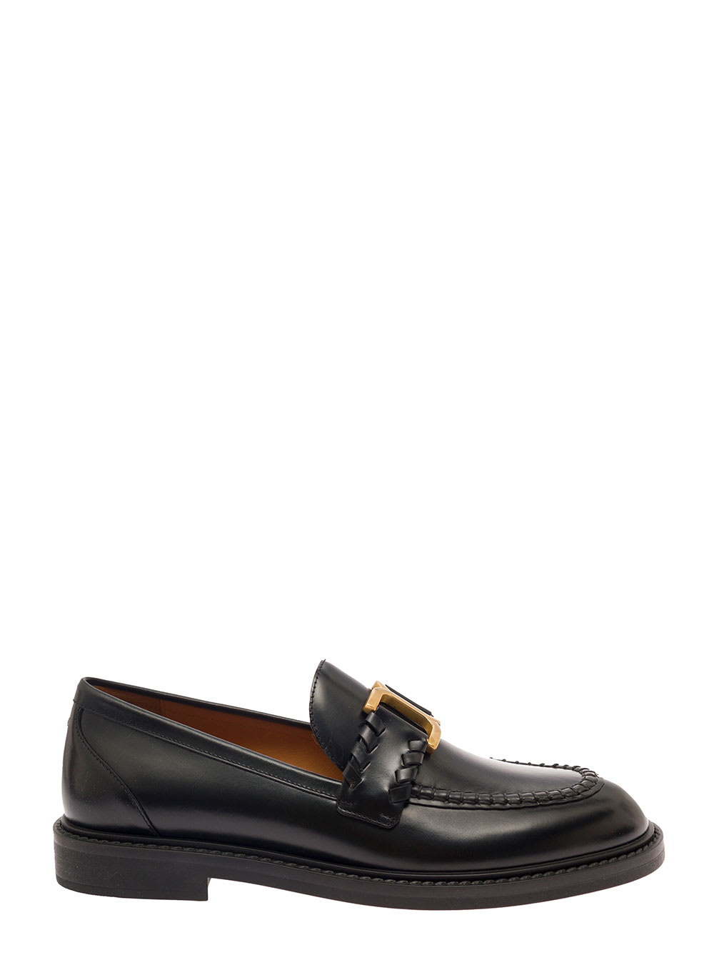 CHLOÉ MARCIE BLACK LOAFERS WITH GOLD-COLORED METAL LOGO IN SMOOTH LEATHER WOMAN