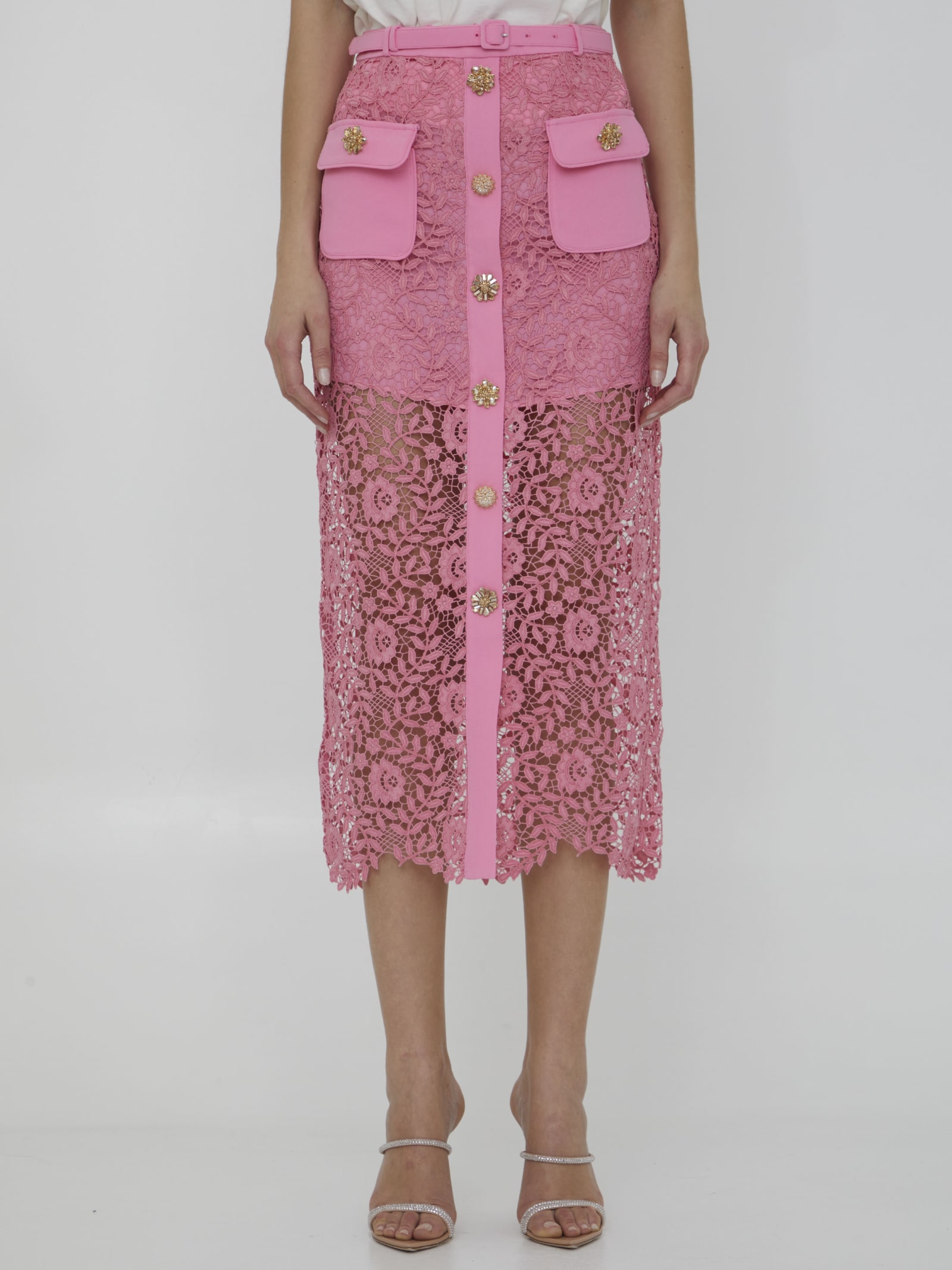 Self-portrait Lace Midi Skirt In Pink