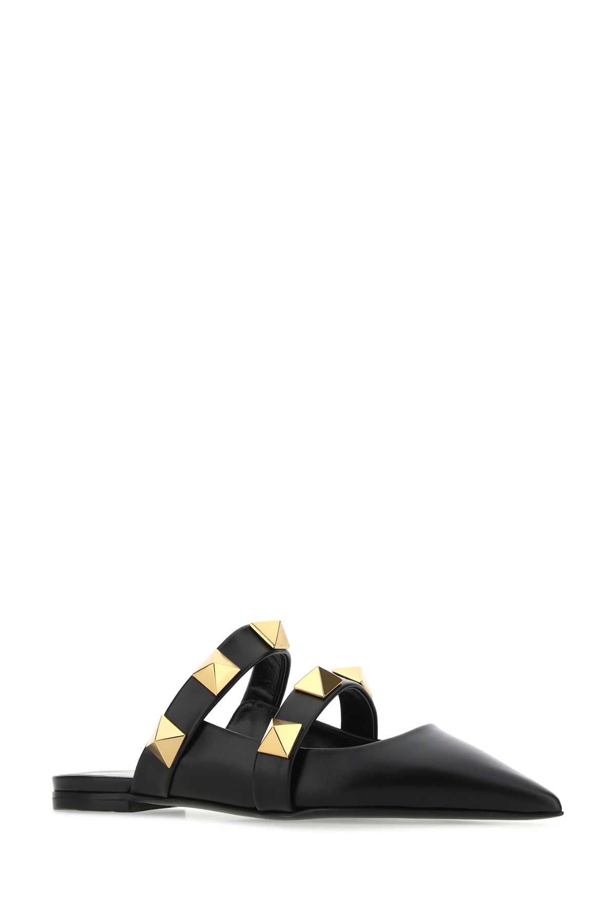 Shop Valentino Black Leather Roman Stud Slippers In 0no
