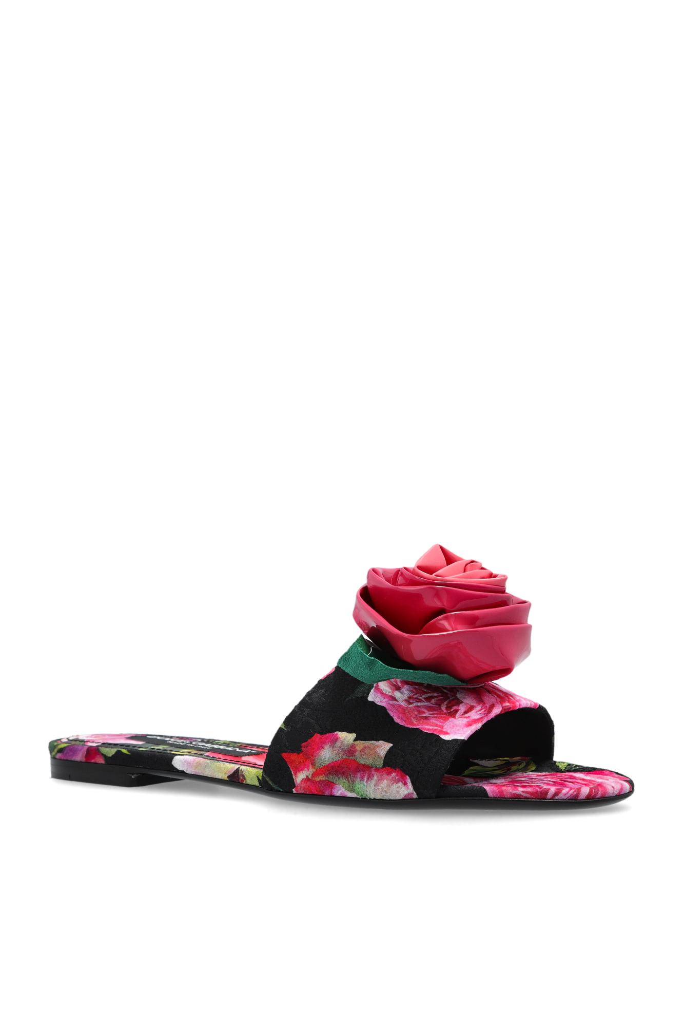 Dolce & Gabbana Rose Embellished Printed Flat Sandals In Black