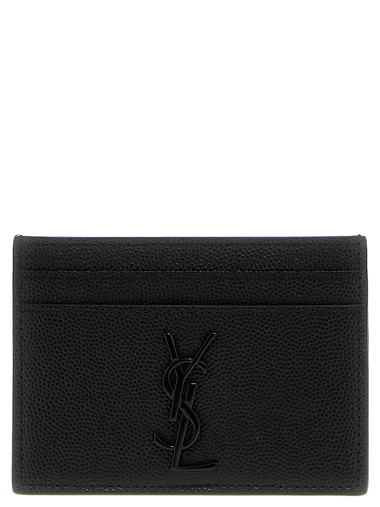 Saint Laurent Black Card-holder With Tonal Cassandre In Grain De Poudre Leather Man In Black