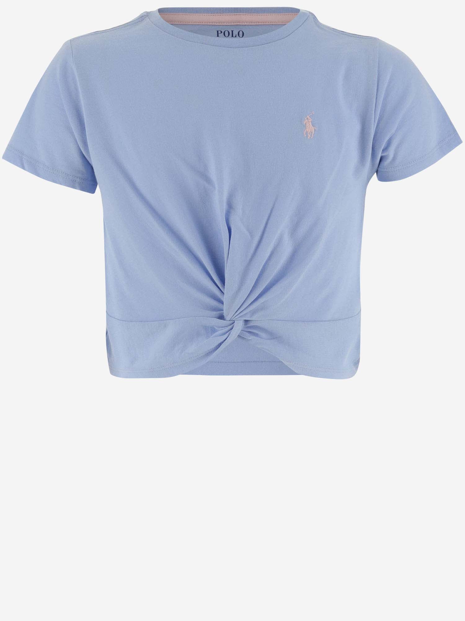 Shop Ralph Lauren Cotton Crop T-shirt With Logo In Azzurro