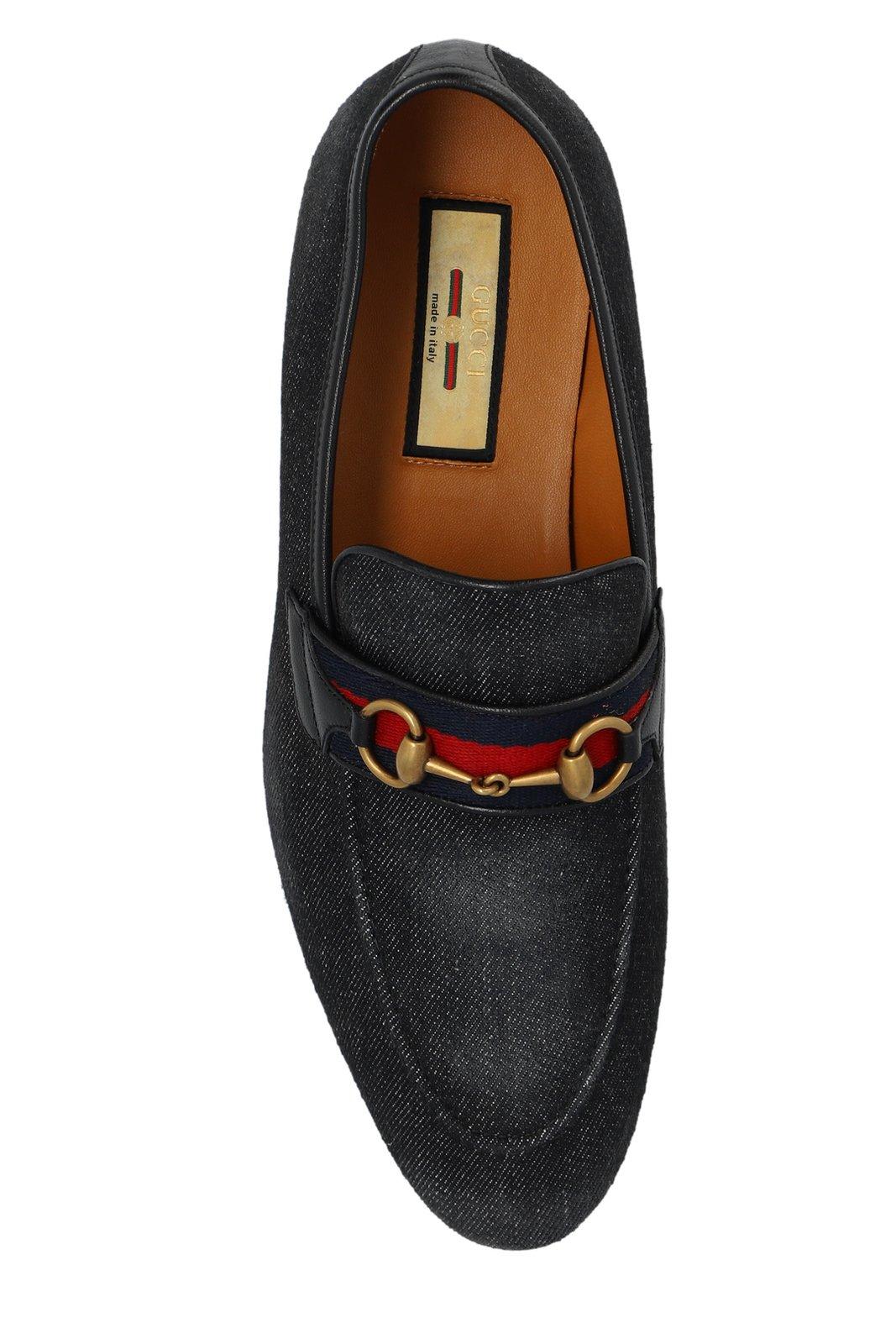 Shop Gucci Horsebit Detailed Denim Loafers In Blackdelaveblabrb
