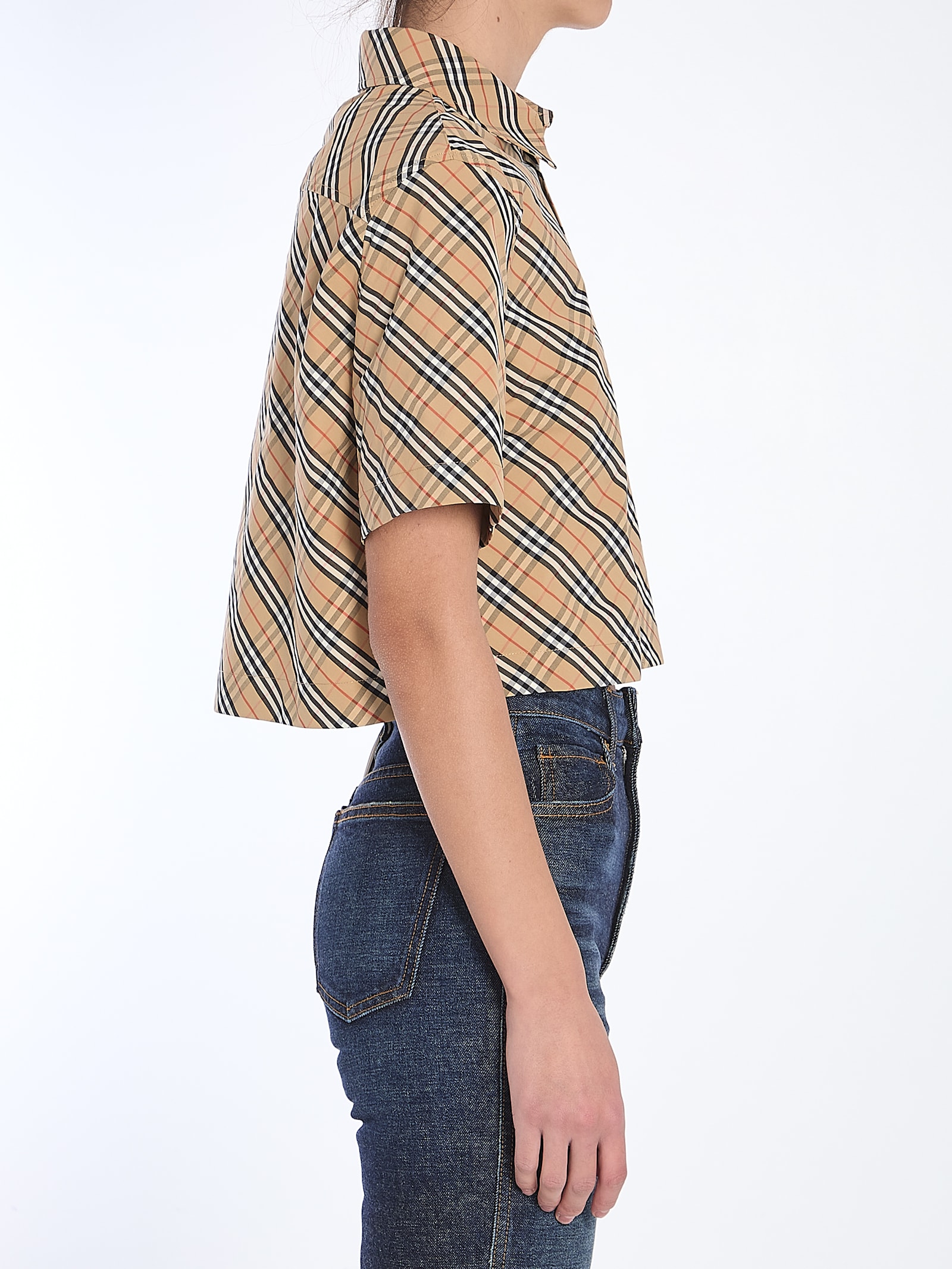 Burberry Cropped Check Cotton Shirt In Brown