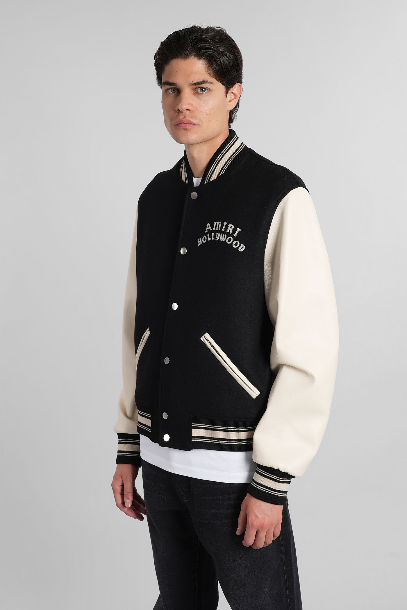 Amiri Varsity Jacket With White Contrasting Sleeves And Embroidered Detailing In Multi