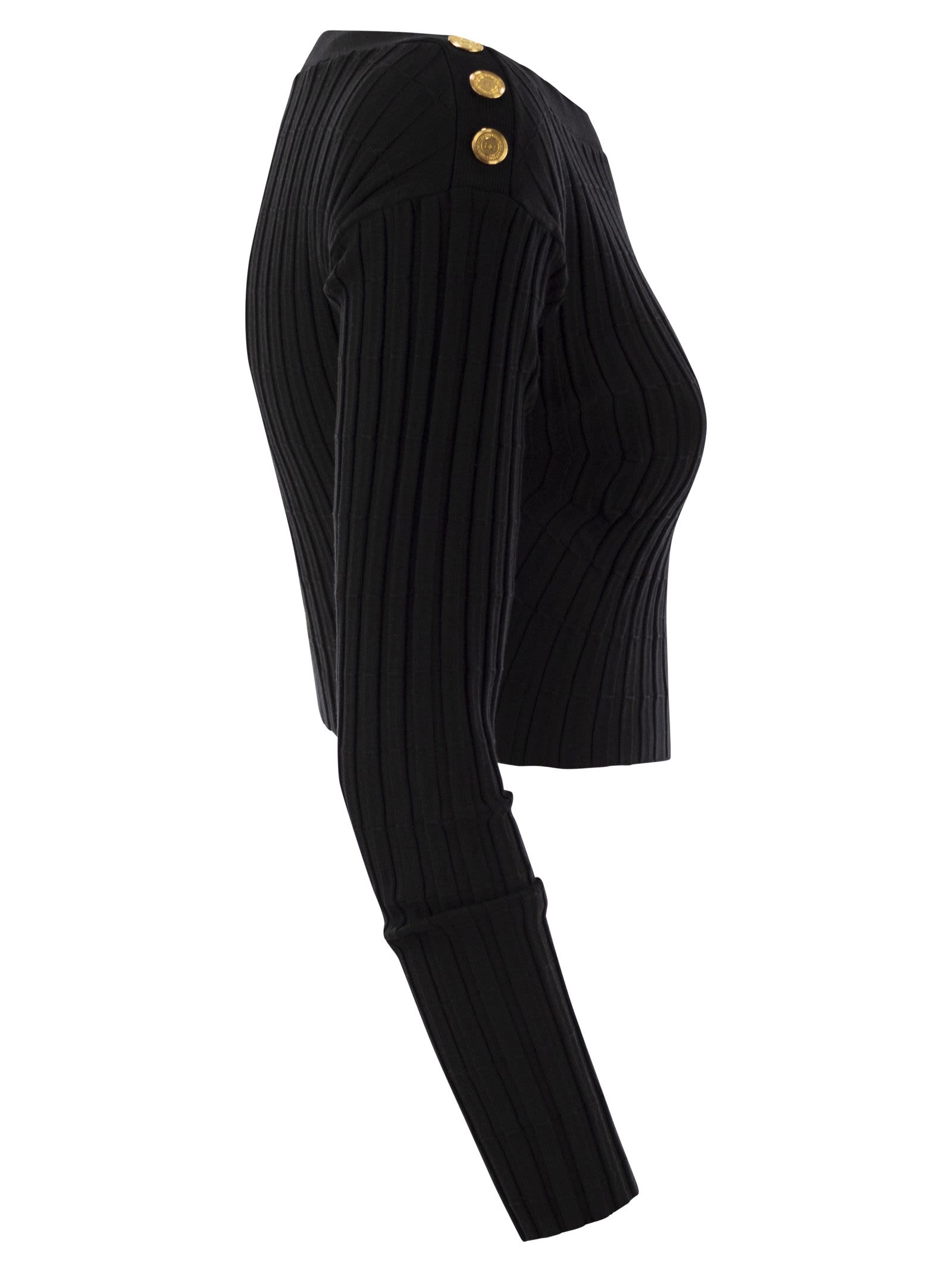 Shop Elisabetta Franchi Ribbed Viscose Cropped Sweater With Button Placket In Black