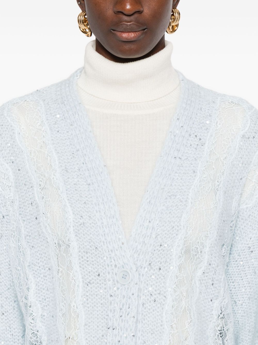 Ermanno Firenze Cable Knit Cardigan With Lace And Sequins In Blue