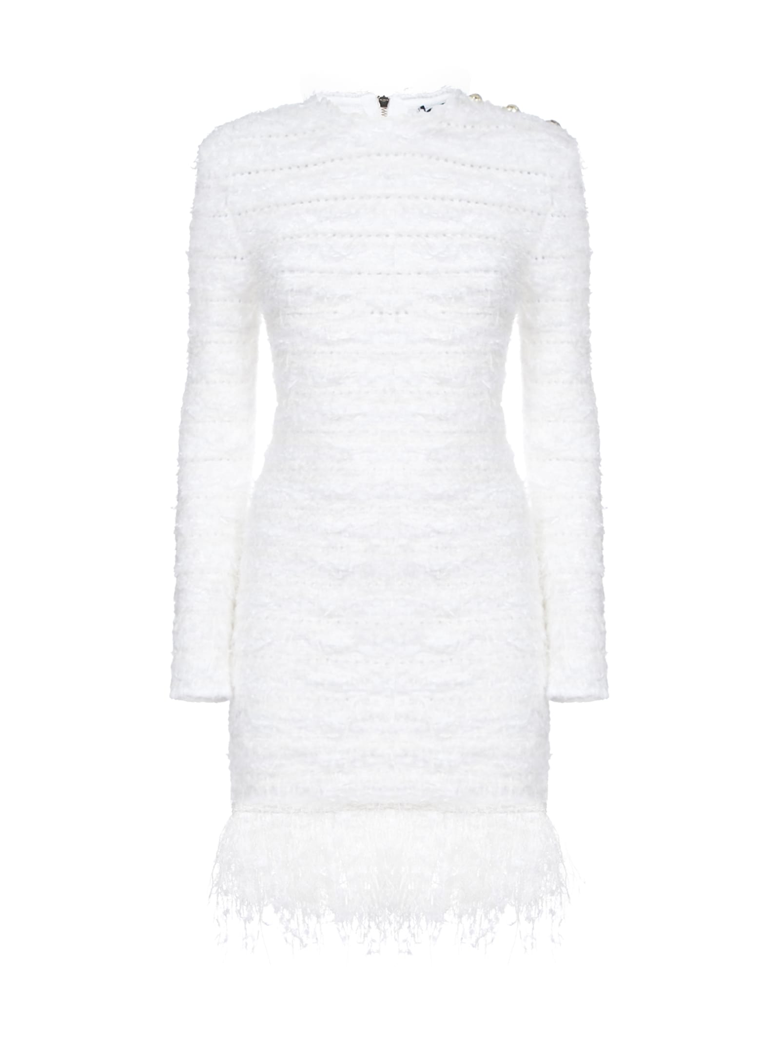 Balmain Fringed Tweed Mini Dress In Blanc