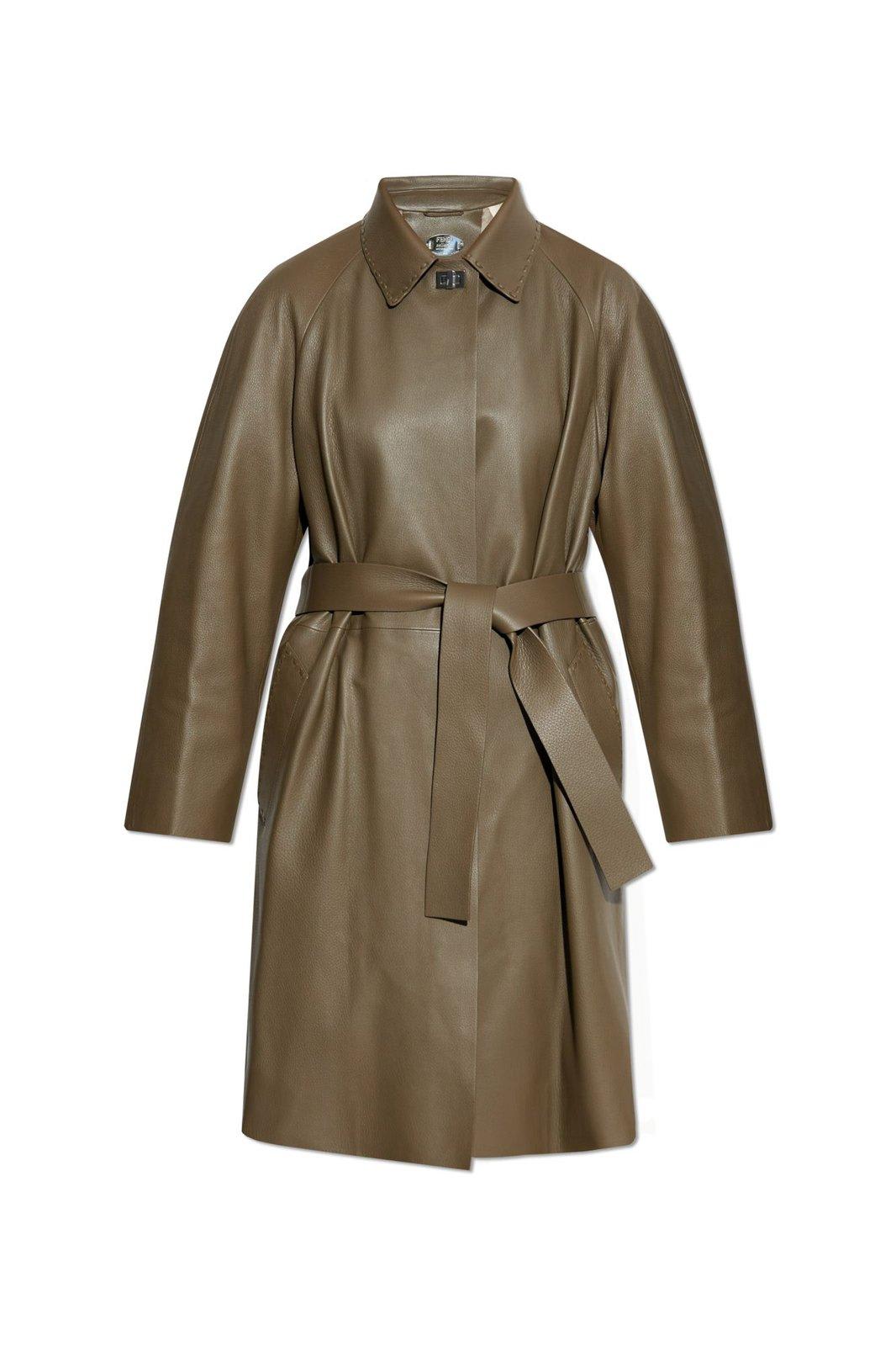 Shop Fendi Leather Overcoat In Wood