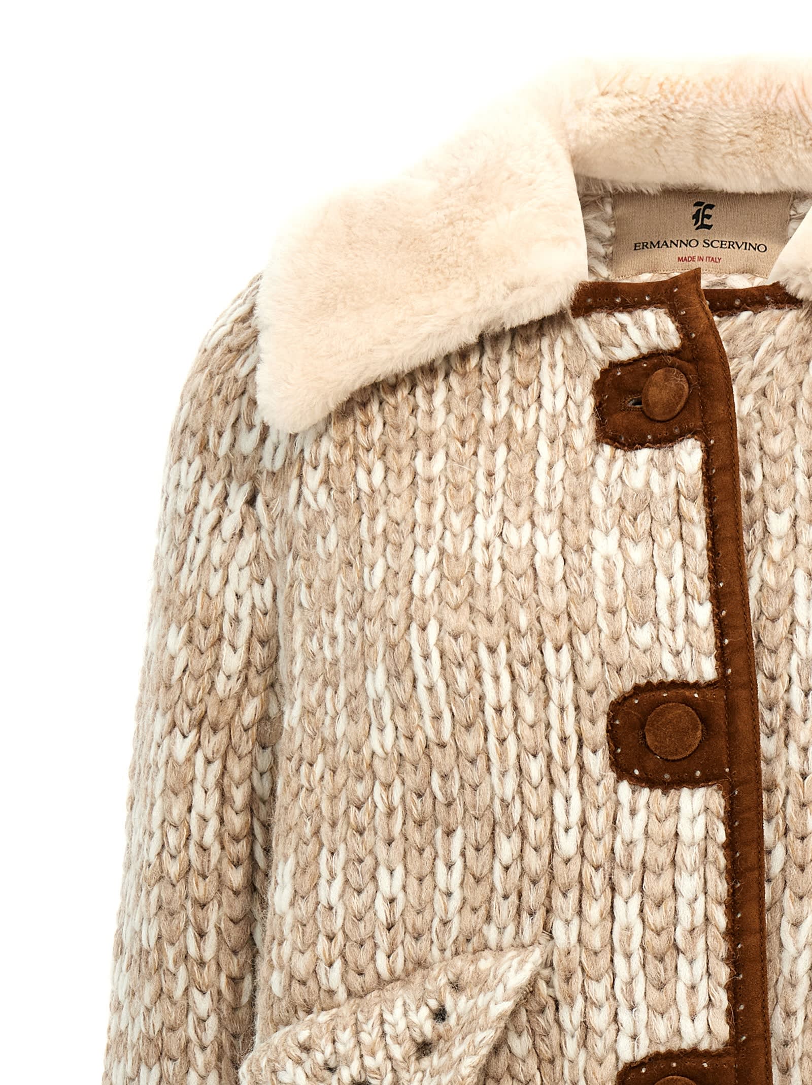 Shop Ermanno Scervino Suede Insert Knit Jacket In Beige