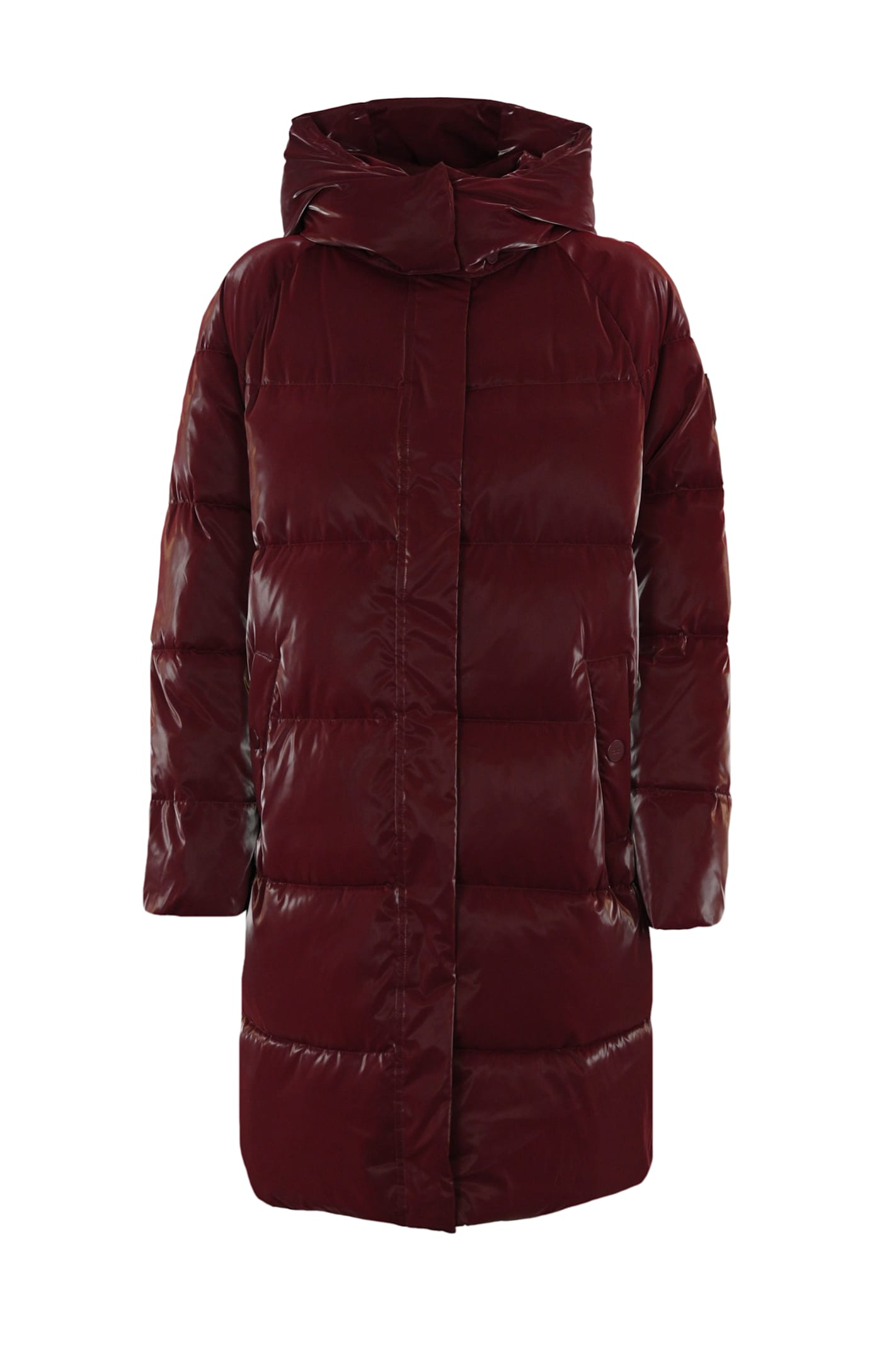 Shop Elisabetta Franchi Long Down Jacket In Satin In Rouge Noir